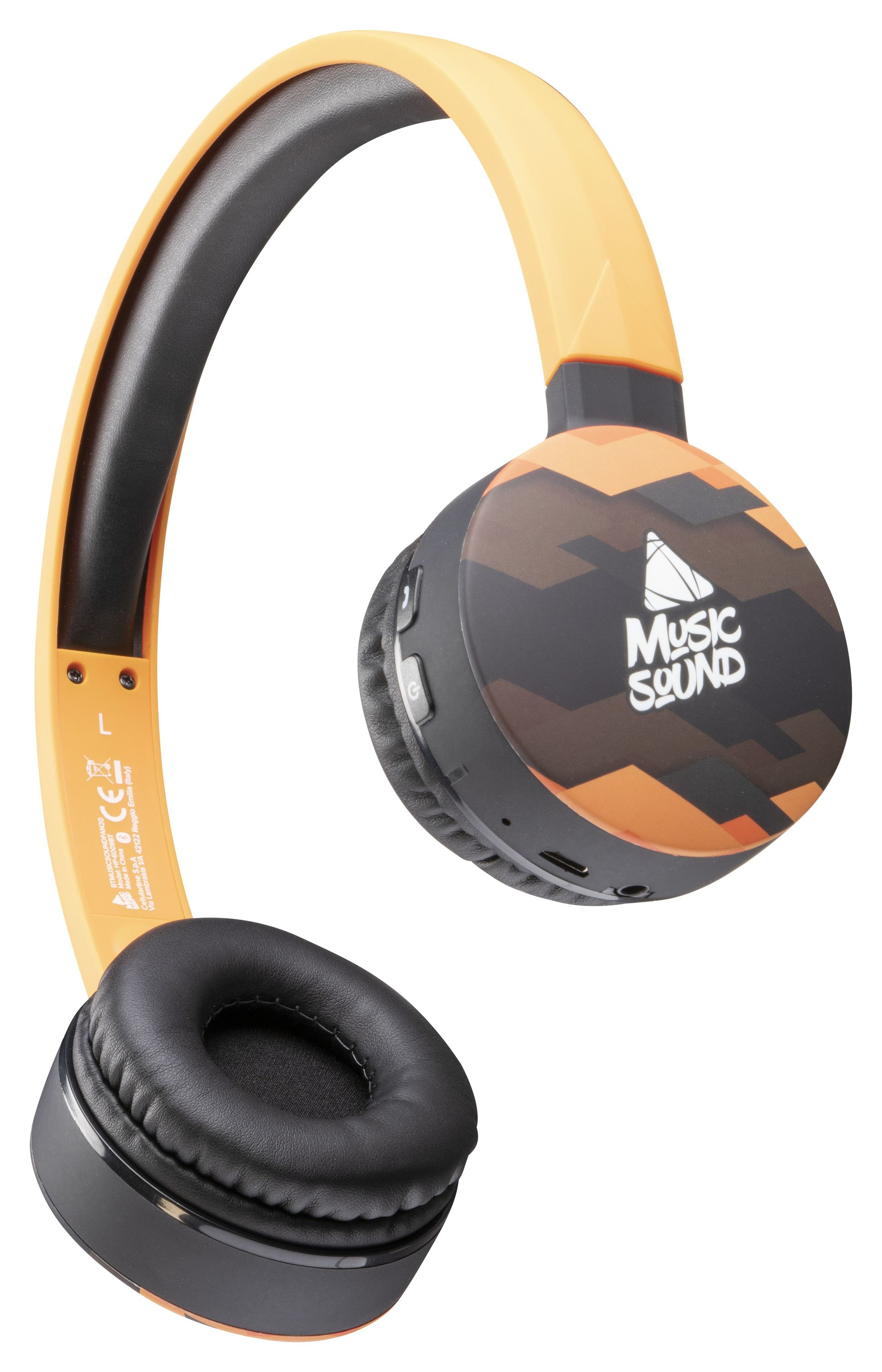 Cuffie arancioni e nere con design mimetico sui padiglioni. La scritta 'MUSIC SOUND'.