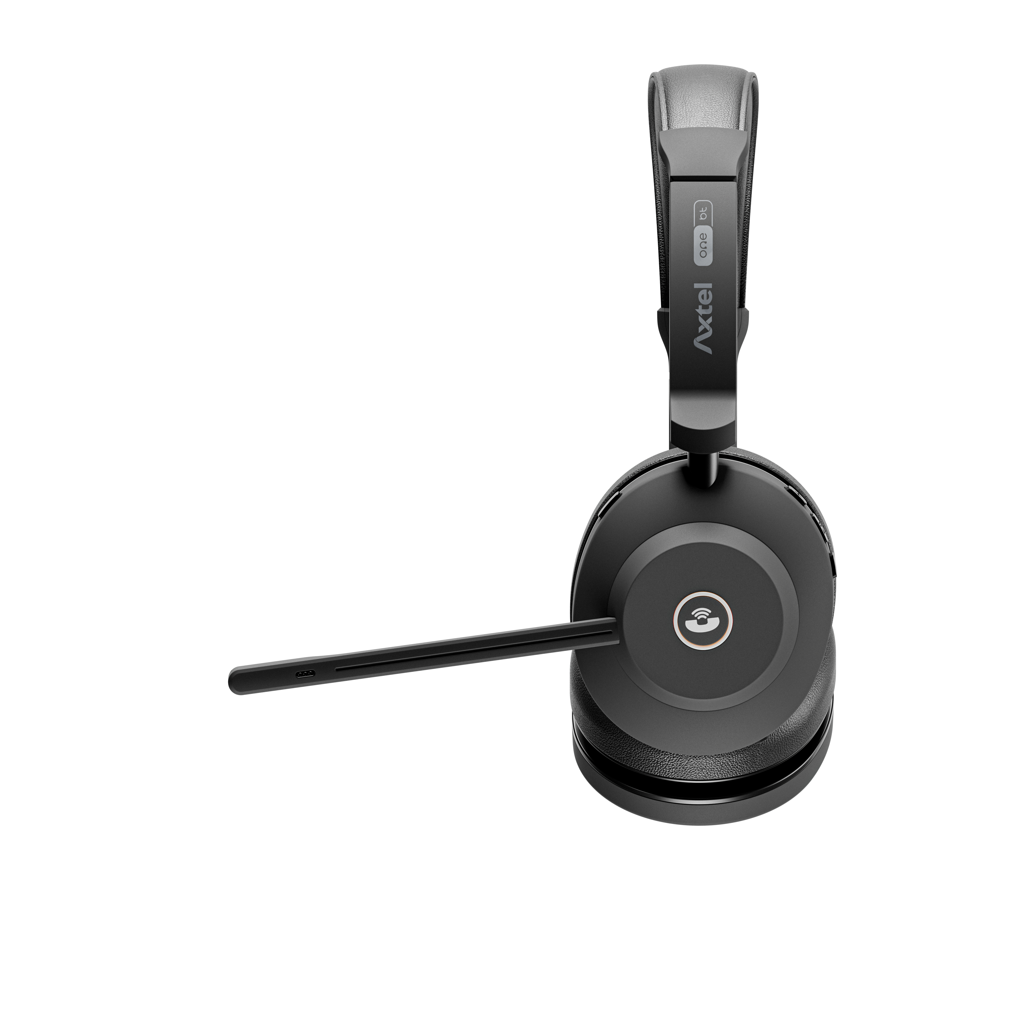 Czarny zestaw słuchawkowy z mikrofonem. Marka Axtel. Zestaw ma wyściełany pałąk i ramię mikrofonu.