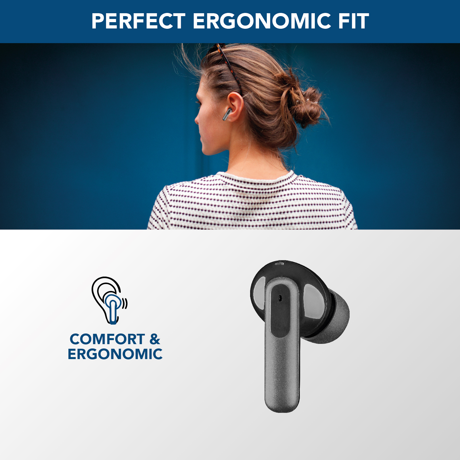 Una donna con un auricolare. C'è un'immagine di un auricolare e un testo sul comfort.