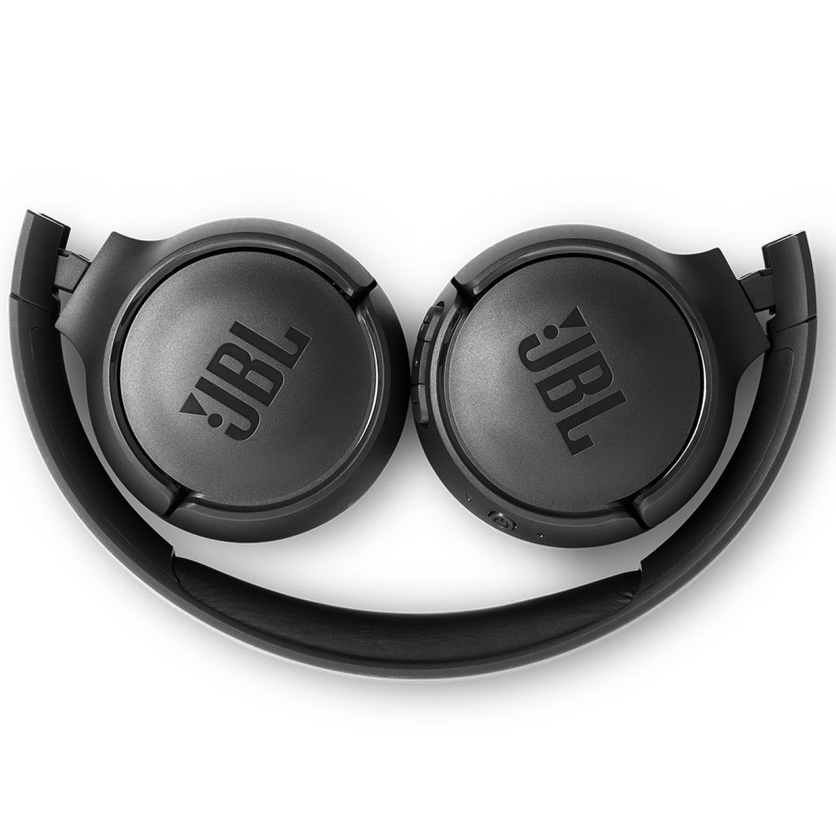 Schwarze JBL-Kopfhörer zusammengeklappt, Draufsicht auf weißem Hintergrund.