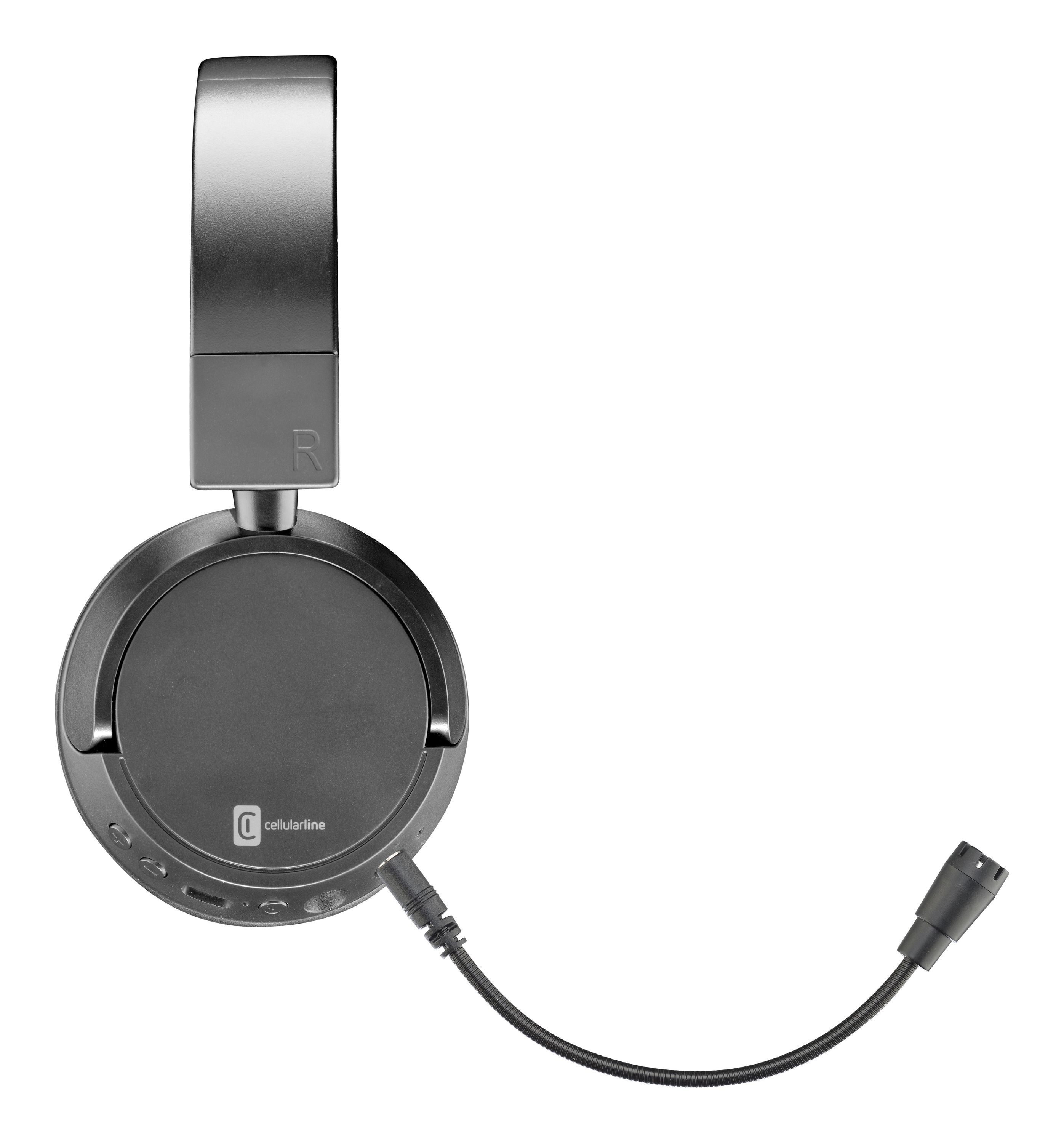 Graues Cellularline-Headset mit Mikrofon, auf weißem Hintergrund.
