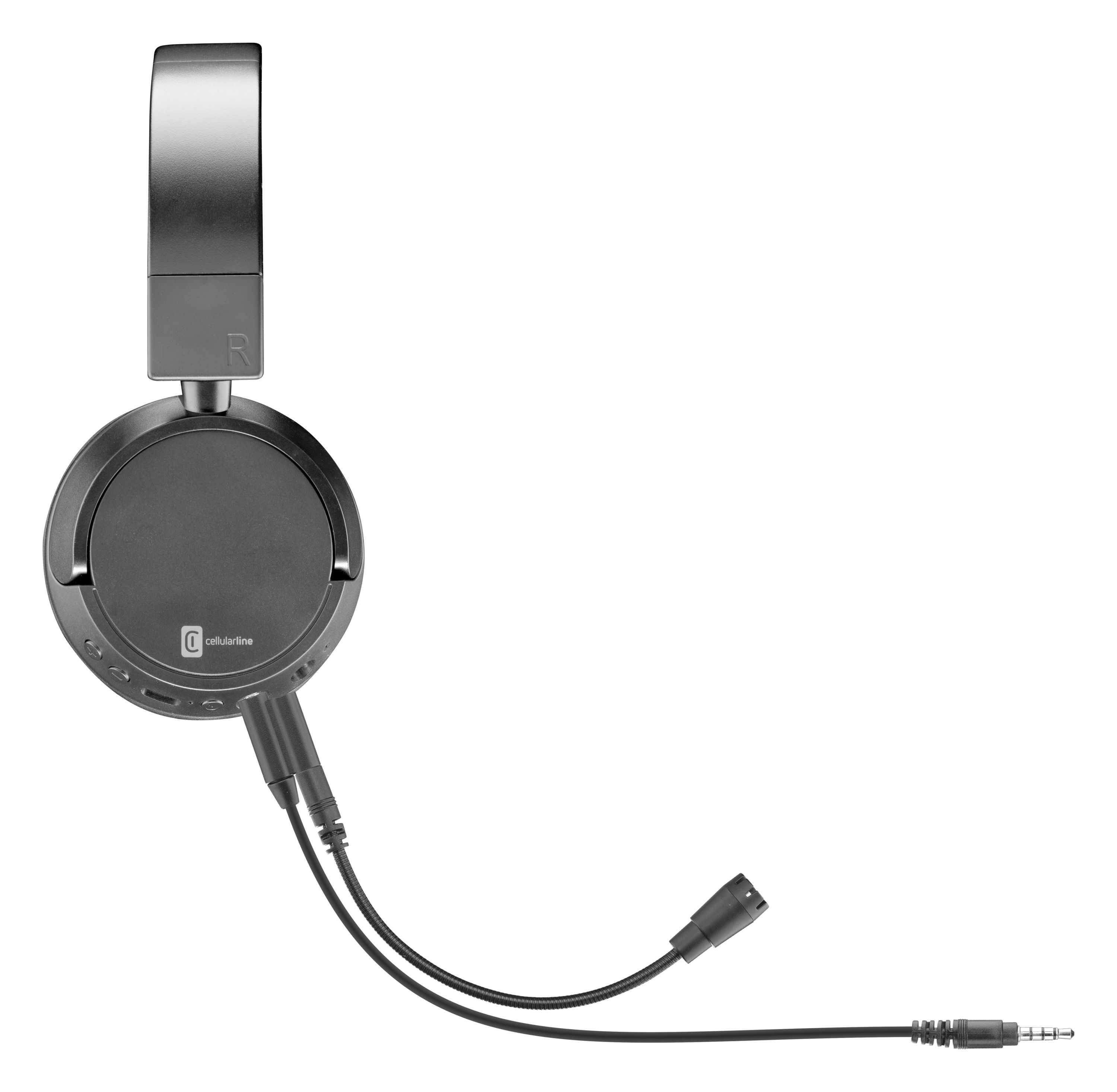 Silberne Kopfhörer mit Mikrofon und Kabel auf weißem Hintergrund.