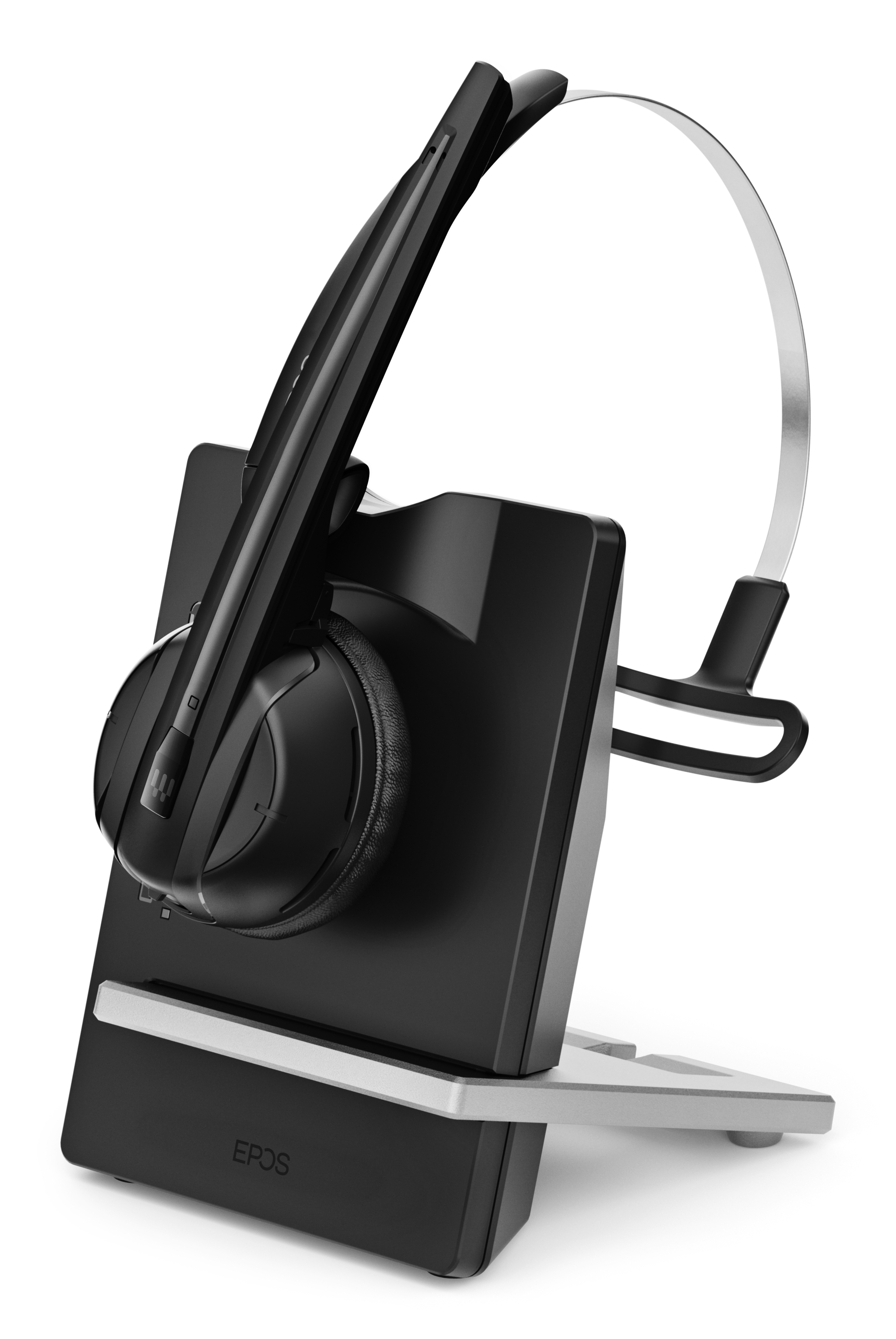 Schwarze Kopfhörer auf einer Basis. Das Headset hat ein Bügelmikrofon.