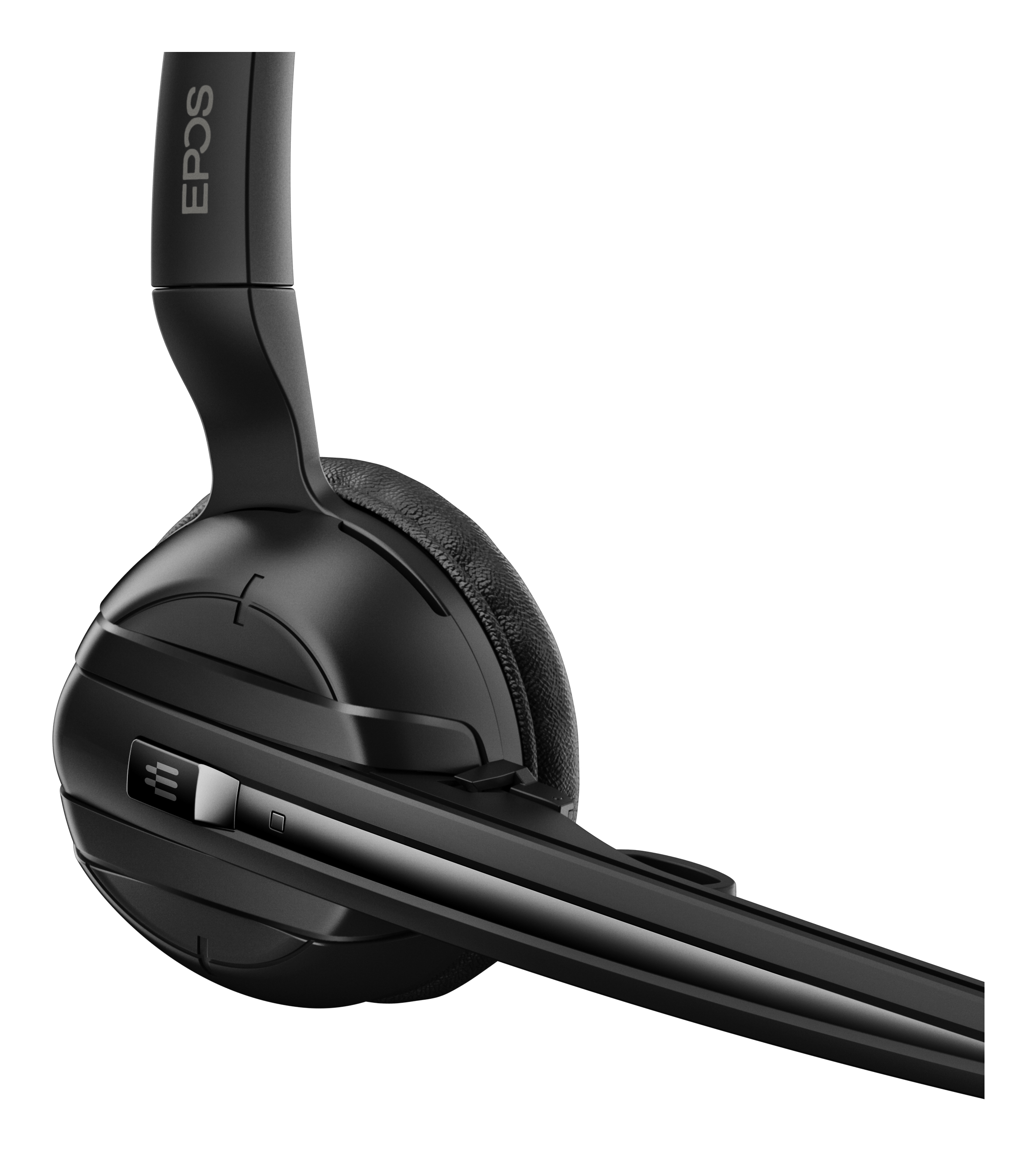 Schwarzes EPOS-Headset, Seitenansicht, mit dem Logo der Marke.