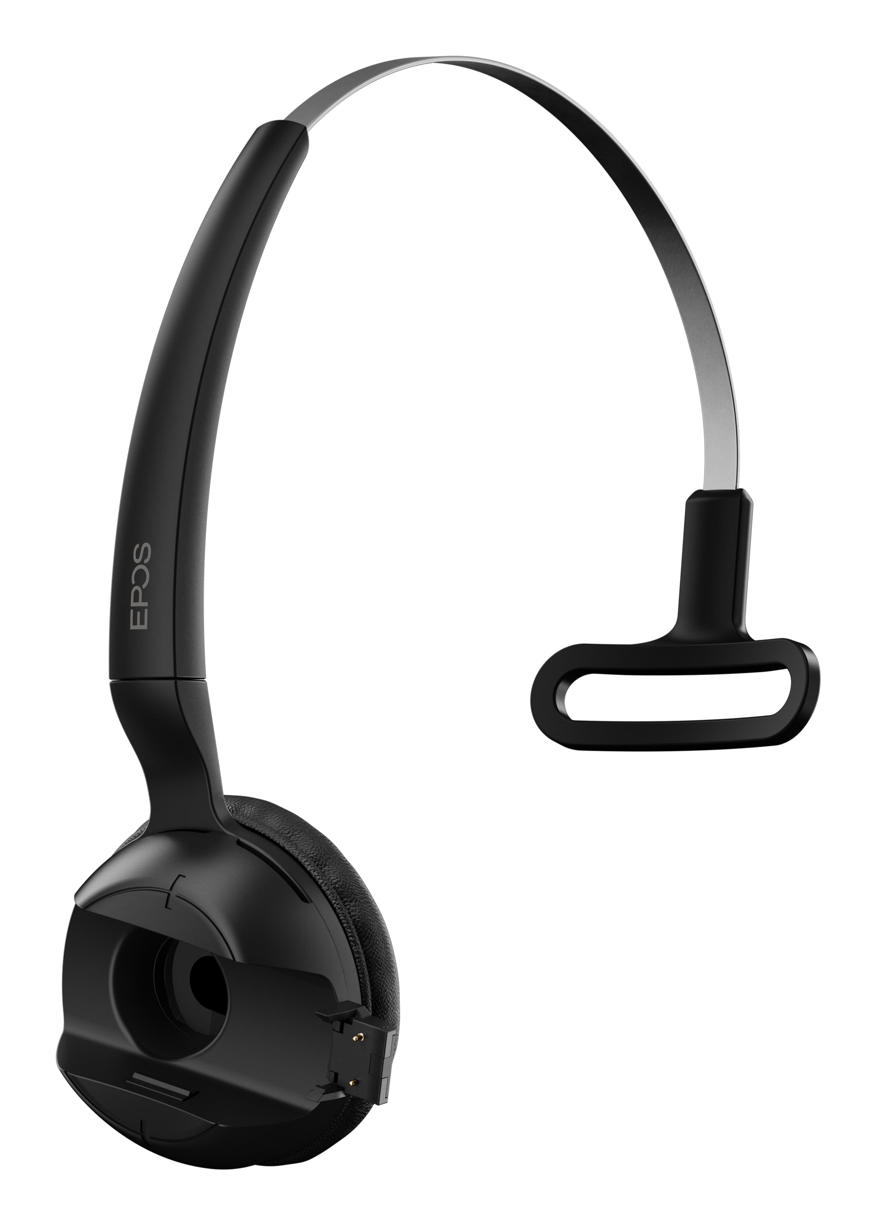 Schwarzes EPOS-Headset mit einer einzelnen Ohrmuschel und einem gebogenen Bügel.