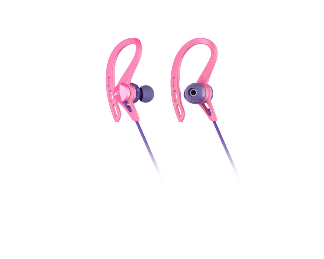 Auriculares JVC rosas con ganchos para la oreja. Los auriculares tienen detalles morados y grises. Fondo blanco.