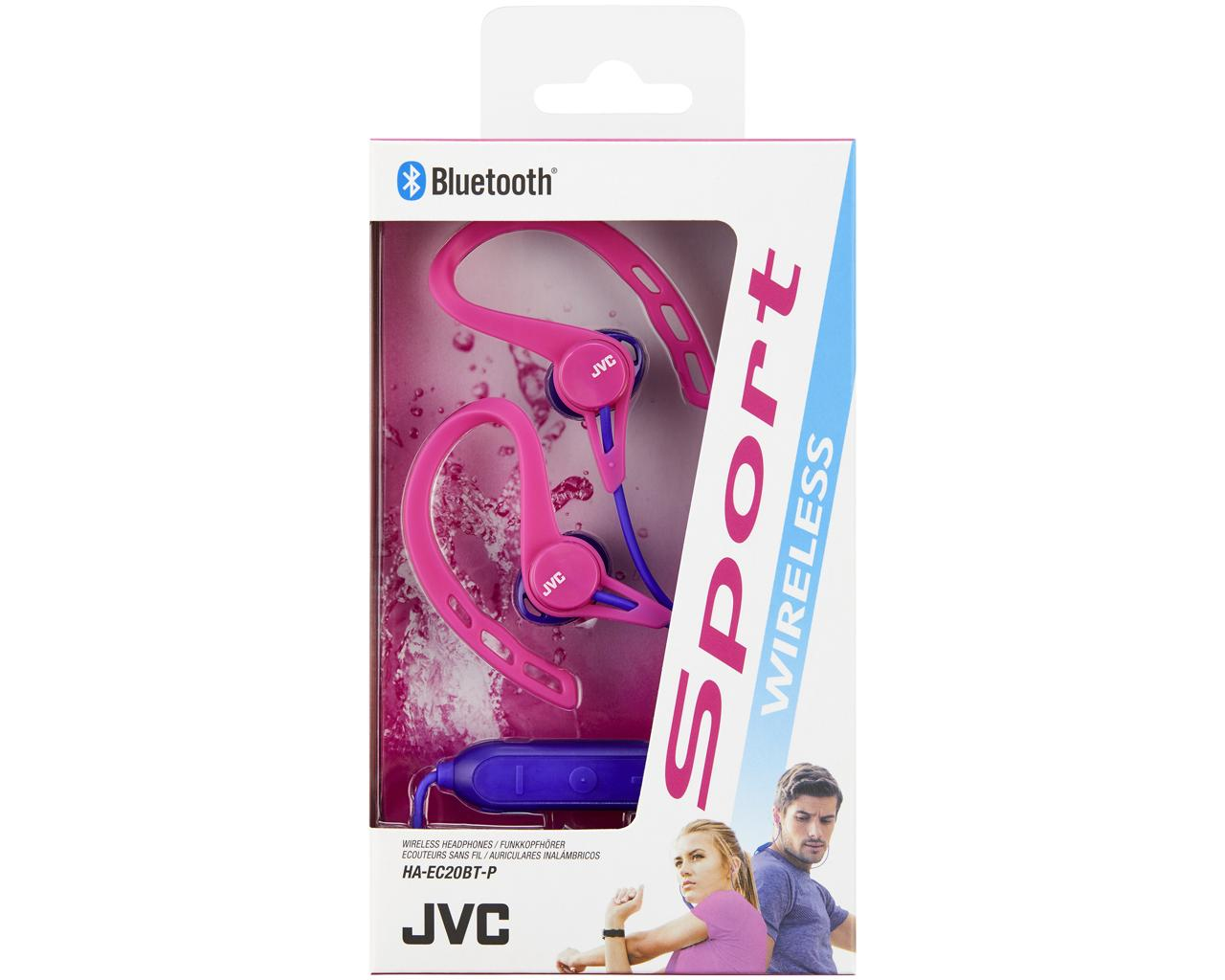 Auriculares inalámbricos deportivos rosas y azules en una caja con personas y el logotipo de JVC.
