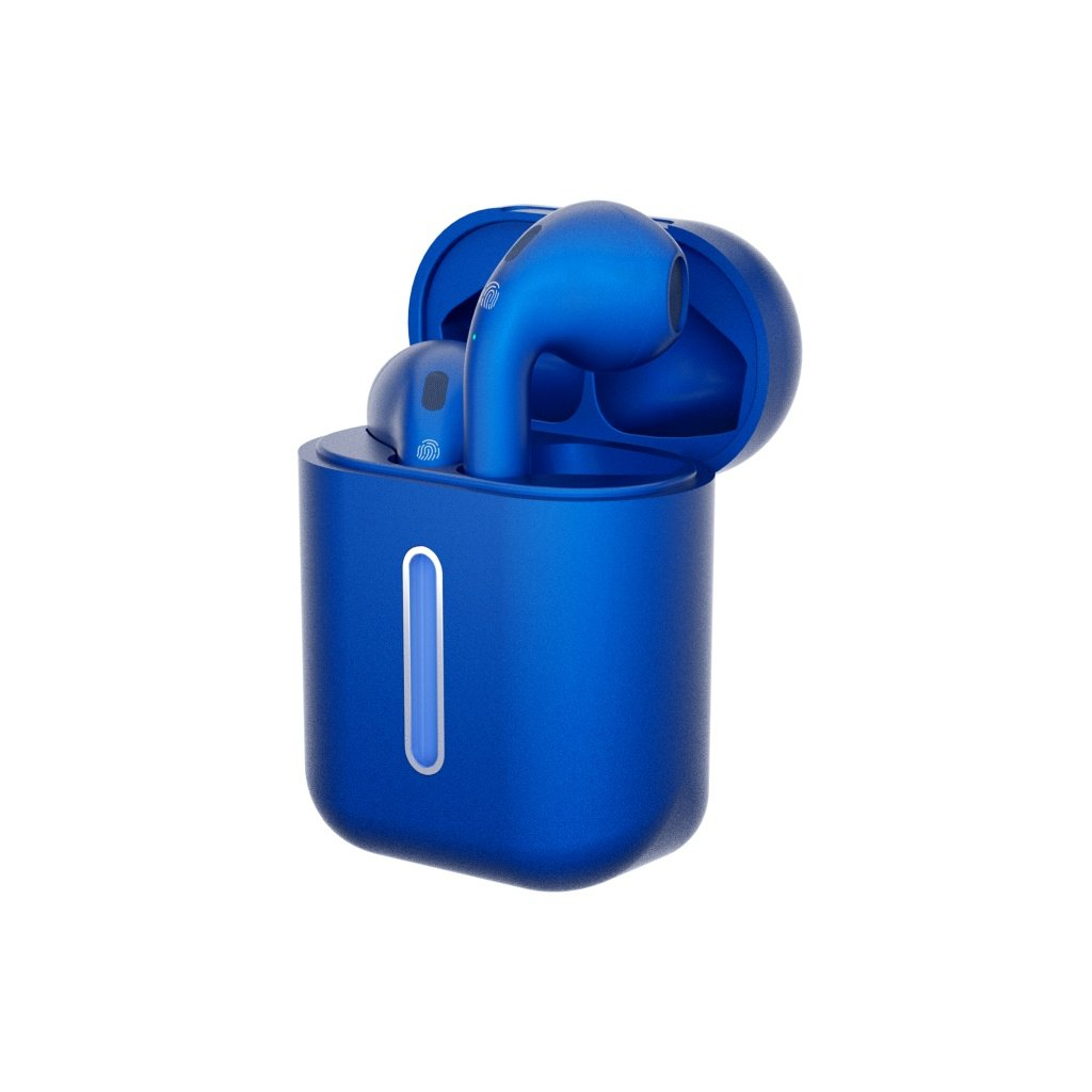 Niebieskie etui ładujące z dwoma niebieskimi słuchawkami, ustawione pod kątem na białym tle.