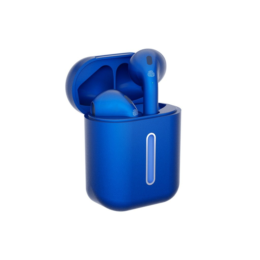 Niebieskie słuchawki douszne w niebieskim etui ładującym. Białe tło. Etui jest otwarte, odsłaniając słuchawki.