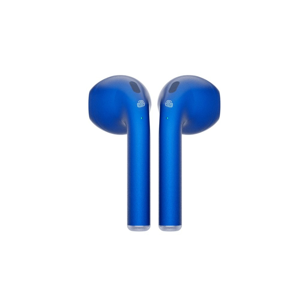 Dwa niebieskie bezprzewodowe słuchawki. Słuchawki mają kształt ucha i logo.