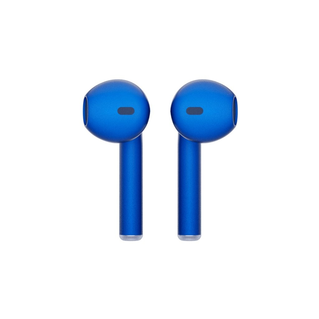 Dwa niebieskie bezprzewodowe słuchawki na białym tle.