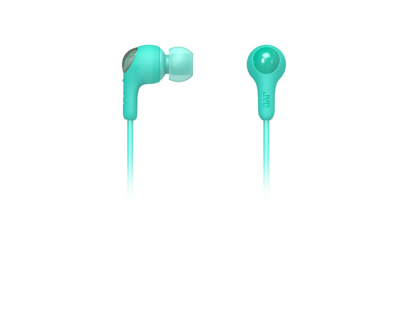 Auricolari JVC verdi con sfondo bianco. Gli auricolari hanno un design semplice.