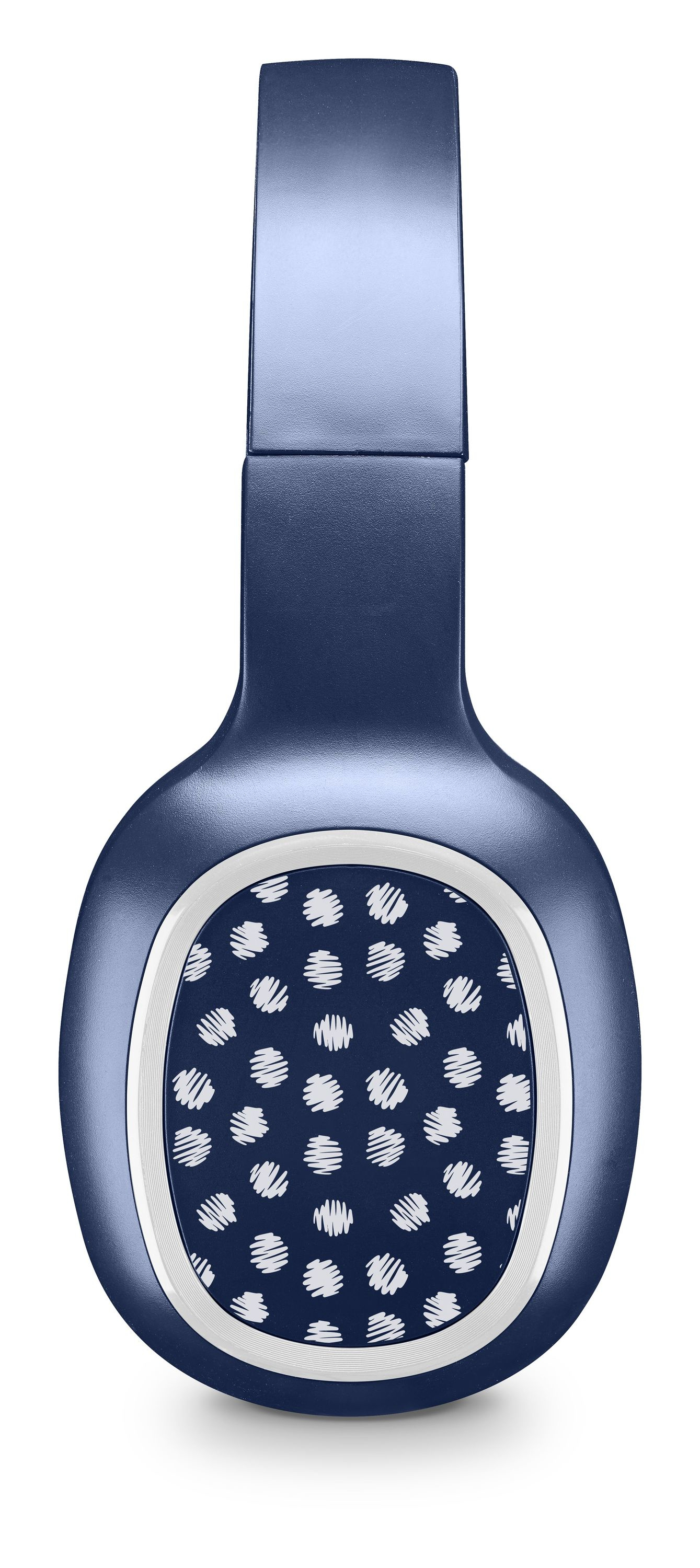 Niebieskie słuchawki z kropkowym wzorem na nausznikach. Pałąk jest niebieski.