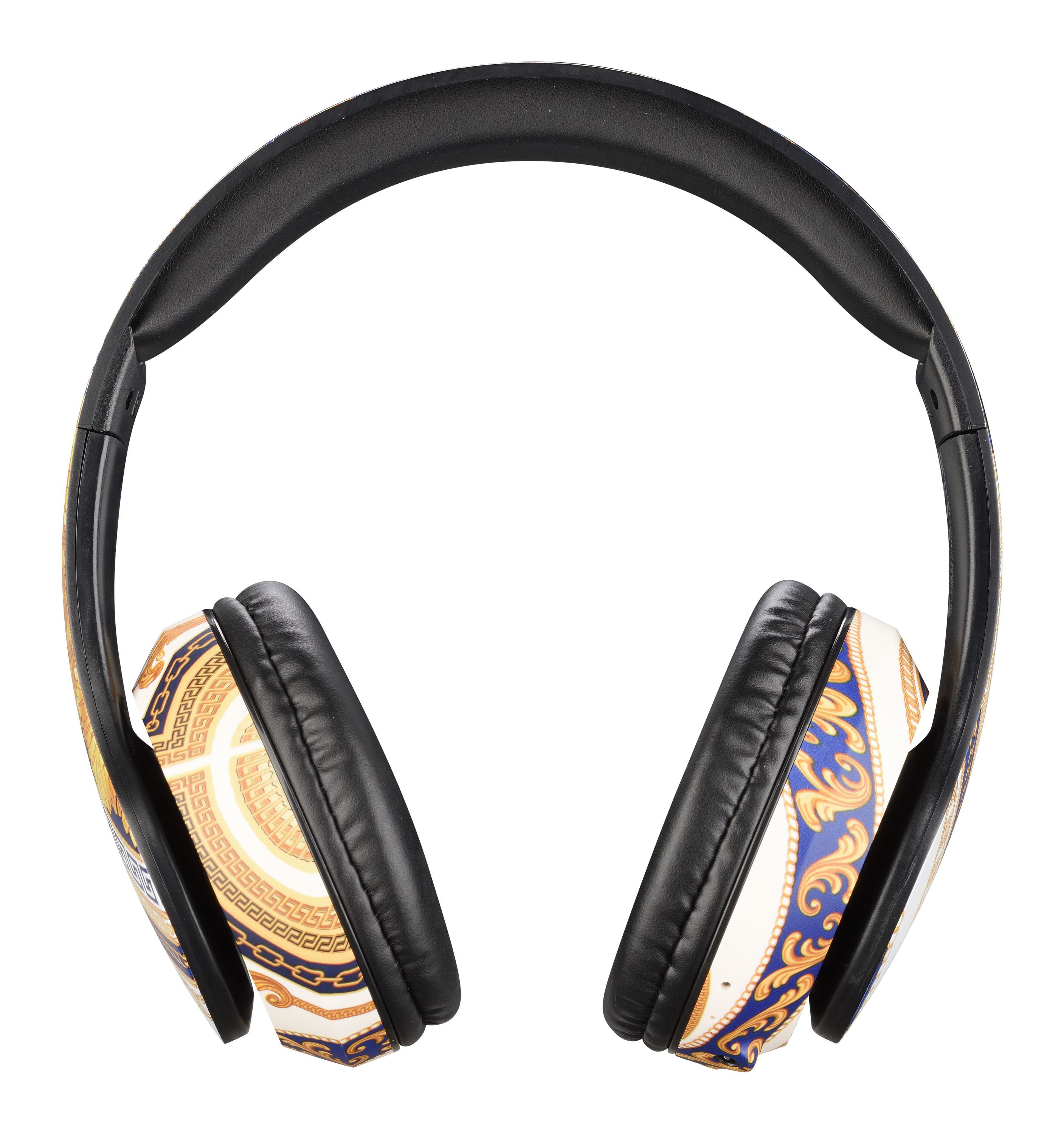 Cuffie con fascia nera e padiglioni decorati con un design oro e blu.