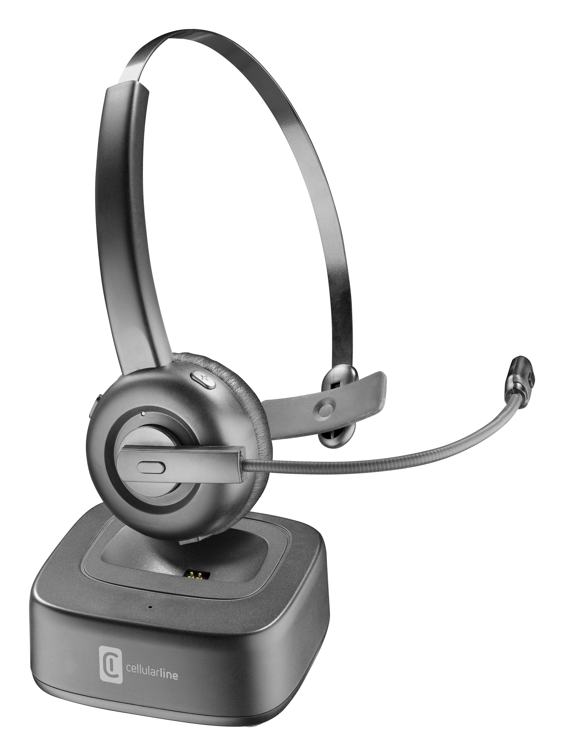 Silbernes Headset mit Mikrofon und Ladestation. Das Headset ist auf der Basis.