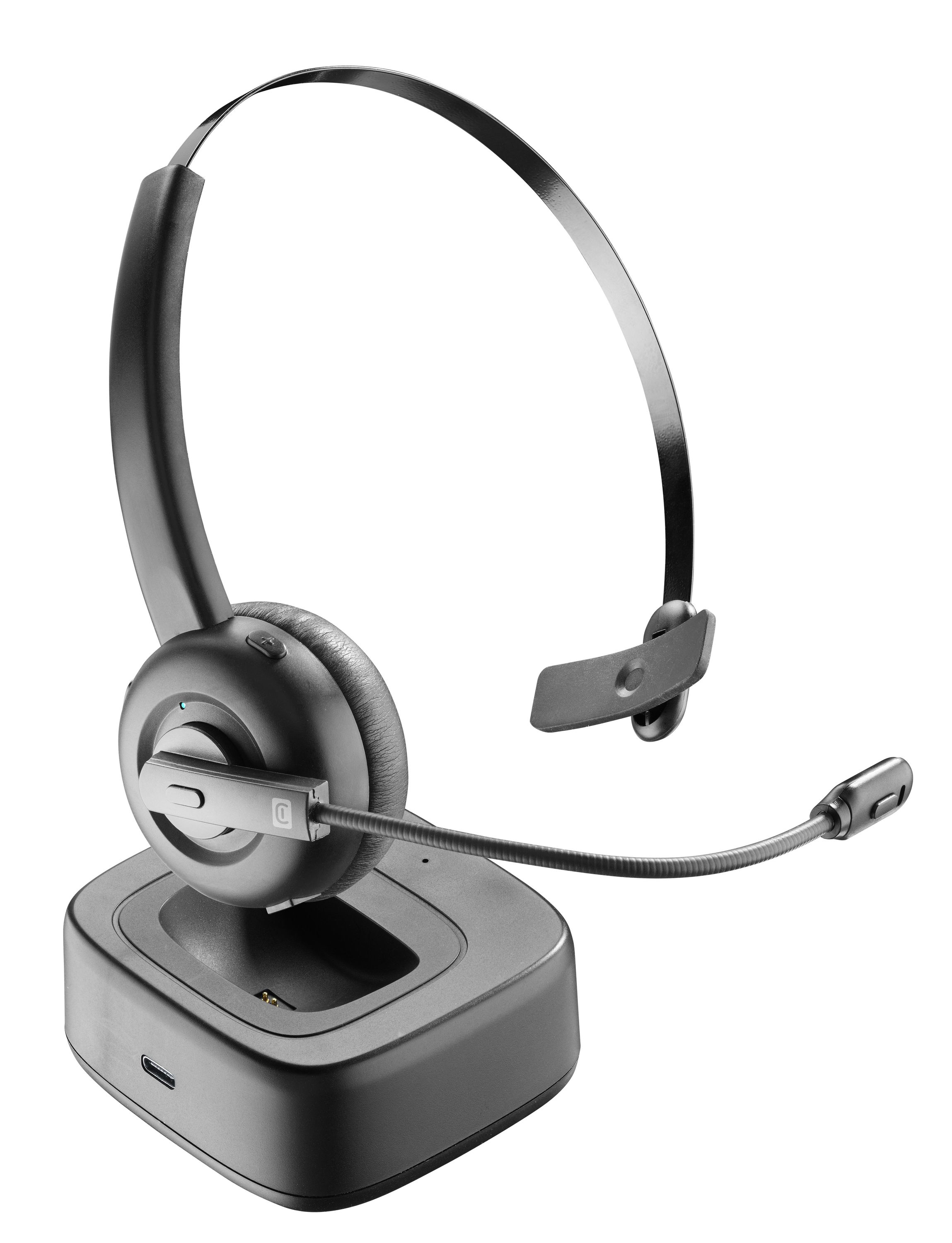 Schwarzes Headset auf einer Ladestation. Mit Mikrofon und verstellbarem Kopfband.