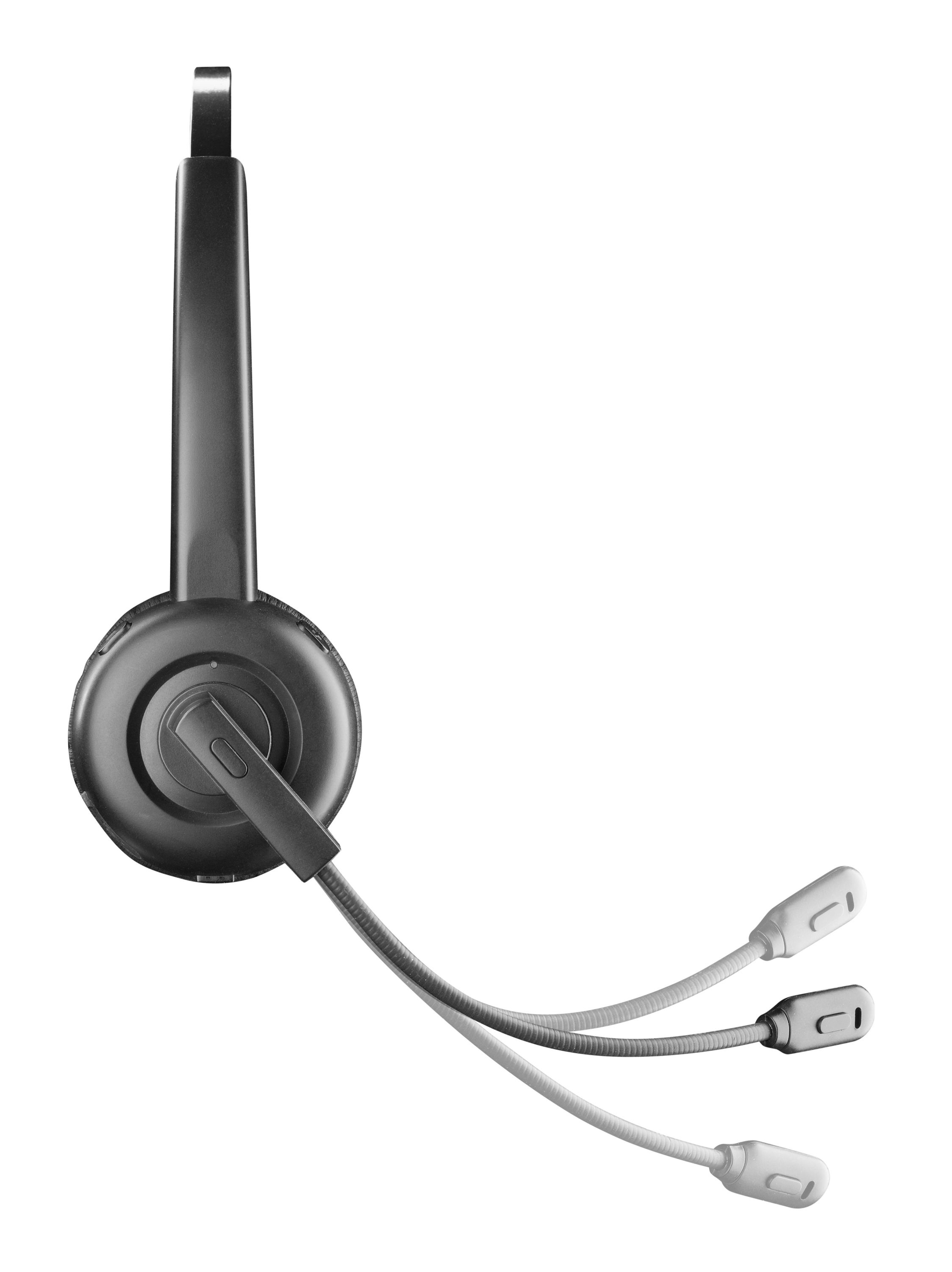 Schwarzes Headset mit drei weißen Mikrofonköpfen auf weißem Hintergrund.