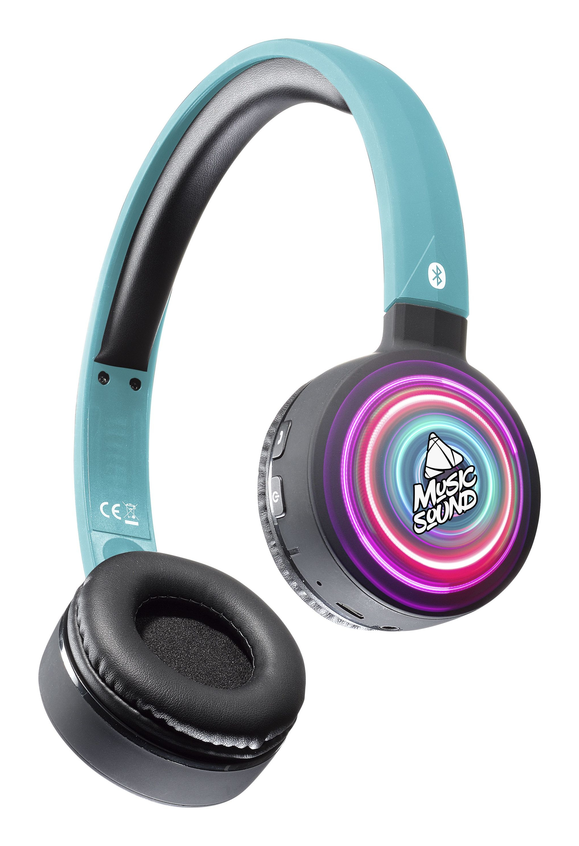Cuffie turchese e nere con un logo color neon sull'auricolare. Hanno una fascia blu e padiglioni neri.