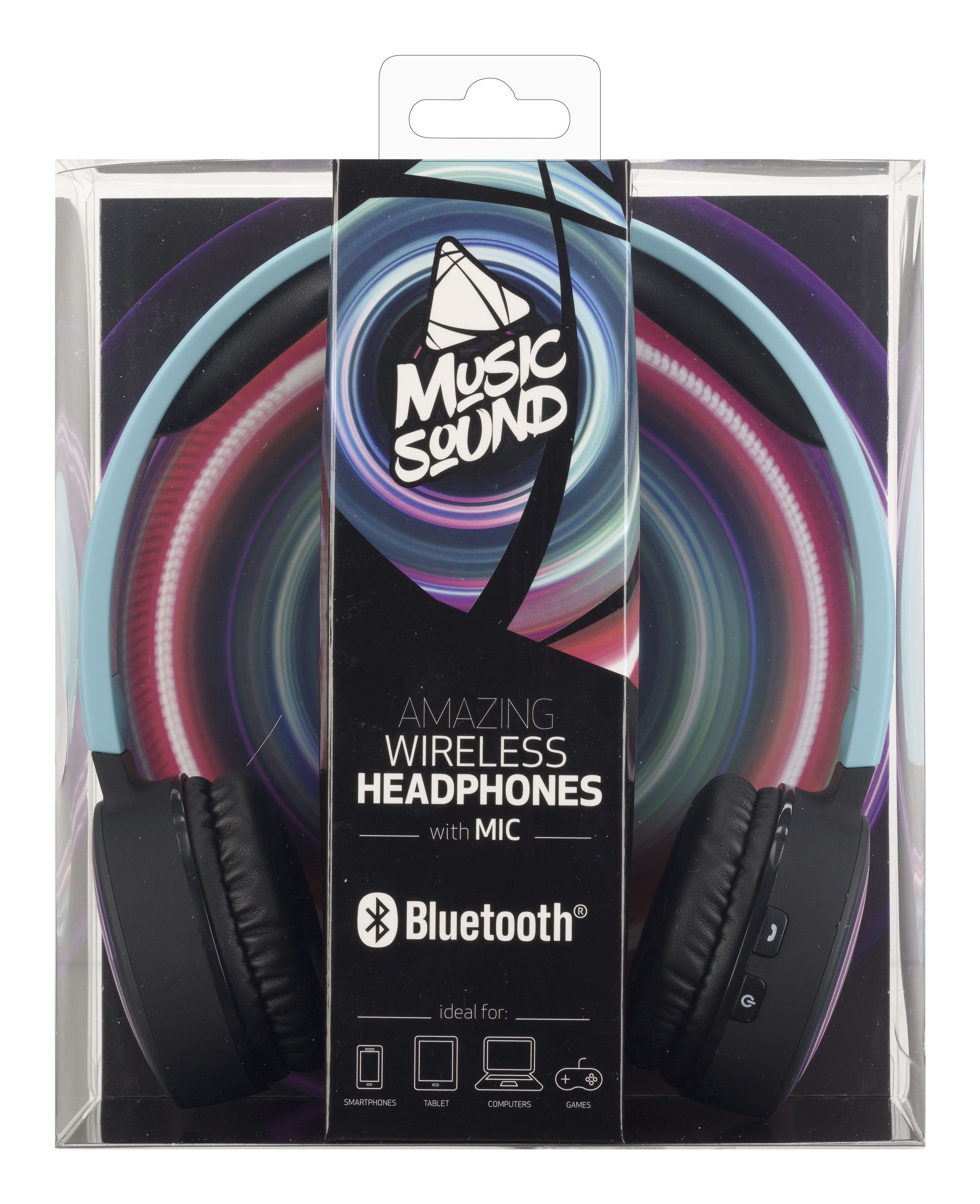 Cuffie in una scatola. Le cuffie sono multicolore. La scatola ha testo e logo Bluetooth.