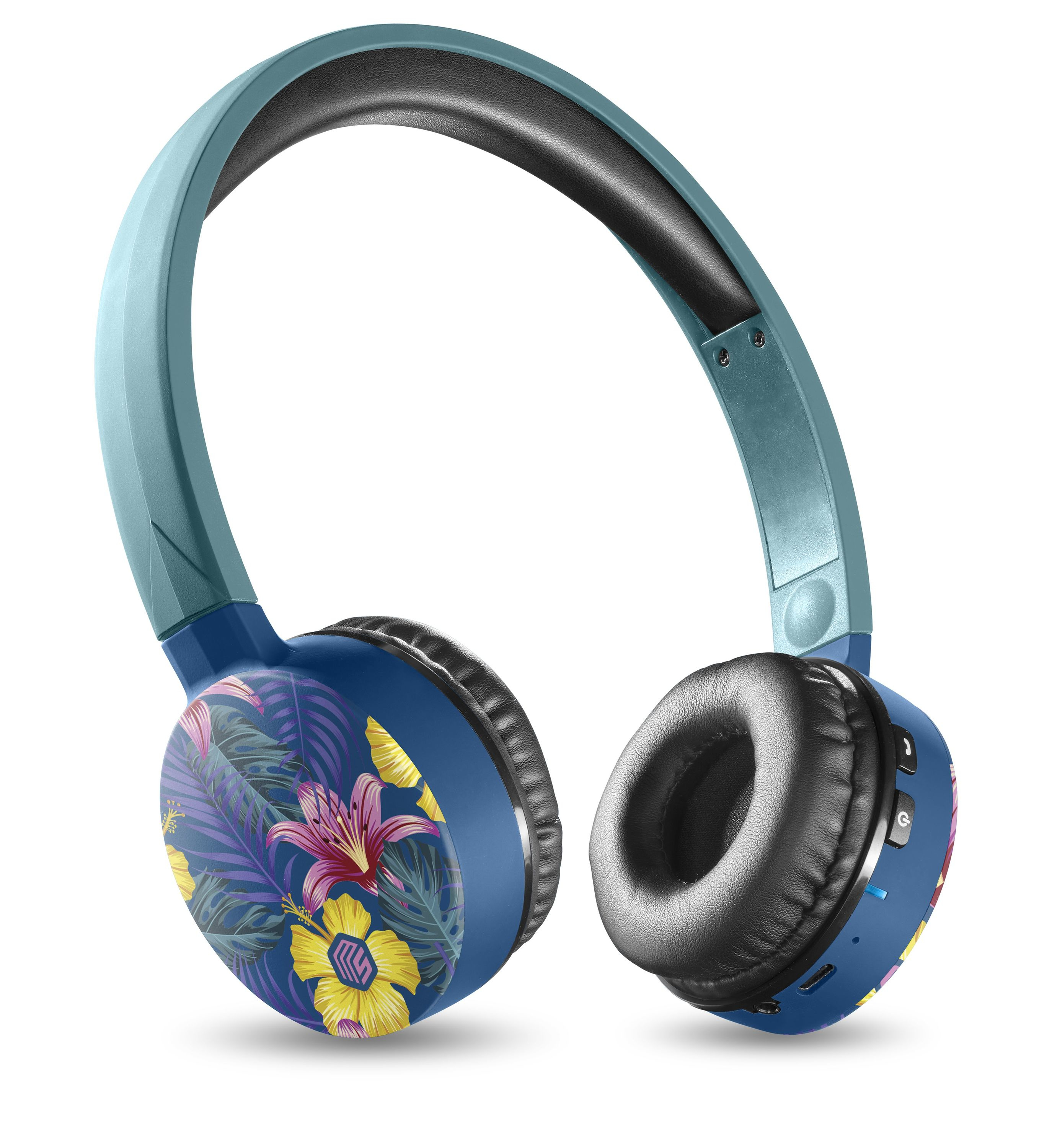 Blaue Kopfhörer mit floralem Design auf den Ohrmuscheln, auf weißem Hintergrund.
