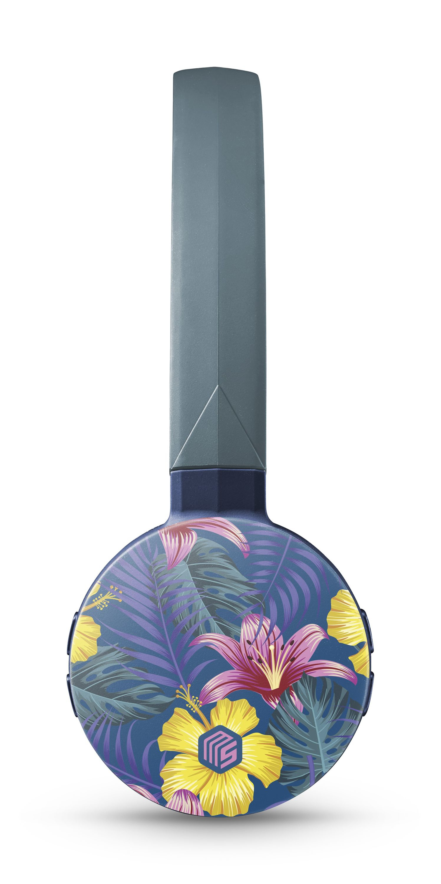Kopfhörer mit floralem Design auf den Ohrmuscheln und einem türkisblauen Kopfband.
