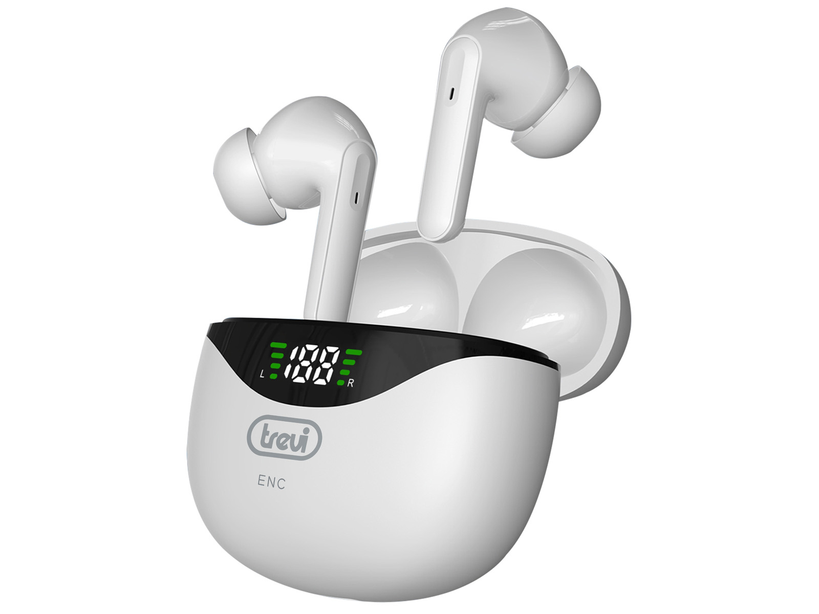 Białe słuchawki Trevi w etui ładującym. Etui wyświetla poziom naładowania baterii. Białe tło.