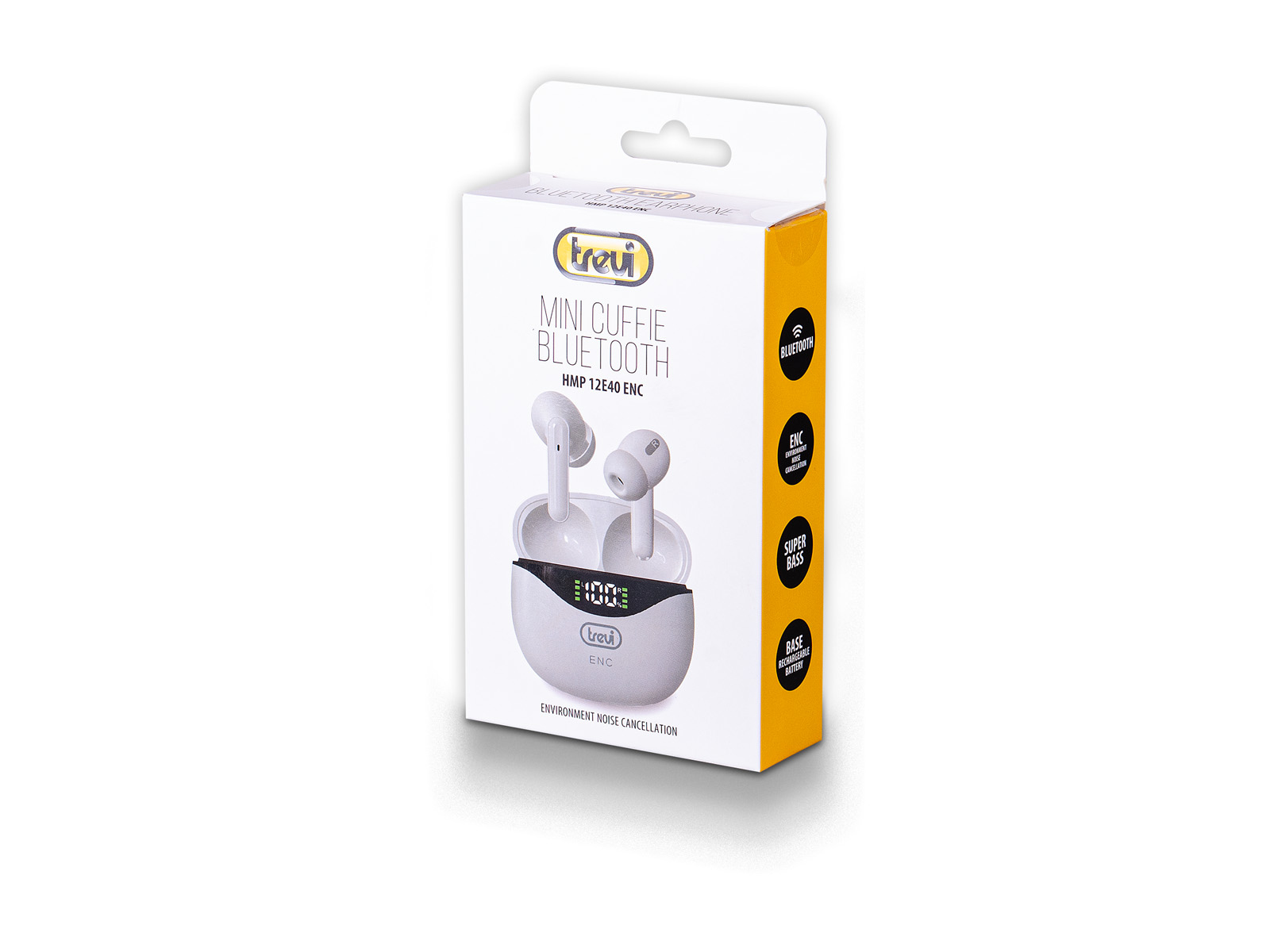 Słuchawki w pudełku. Pudełko zawiera tekst i ilustracje. Białe tło.