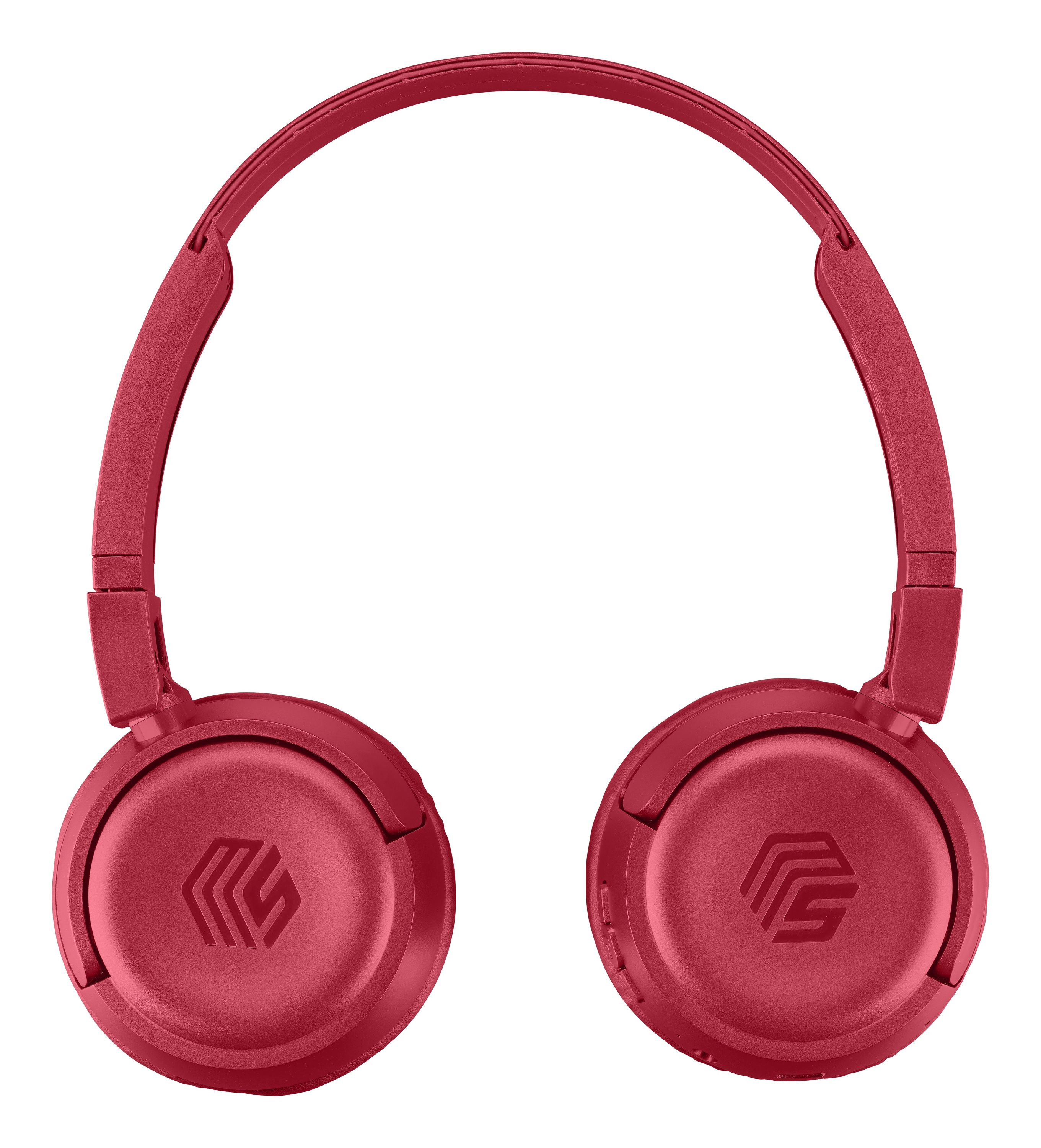 Czerwone słuchawki nauszne z logo 'M' na muszlach. Pałąk jest czerwony.