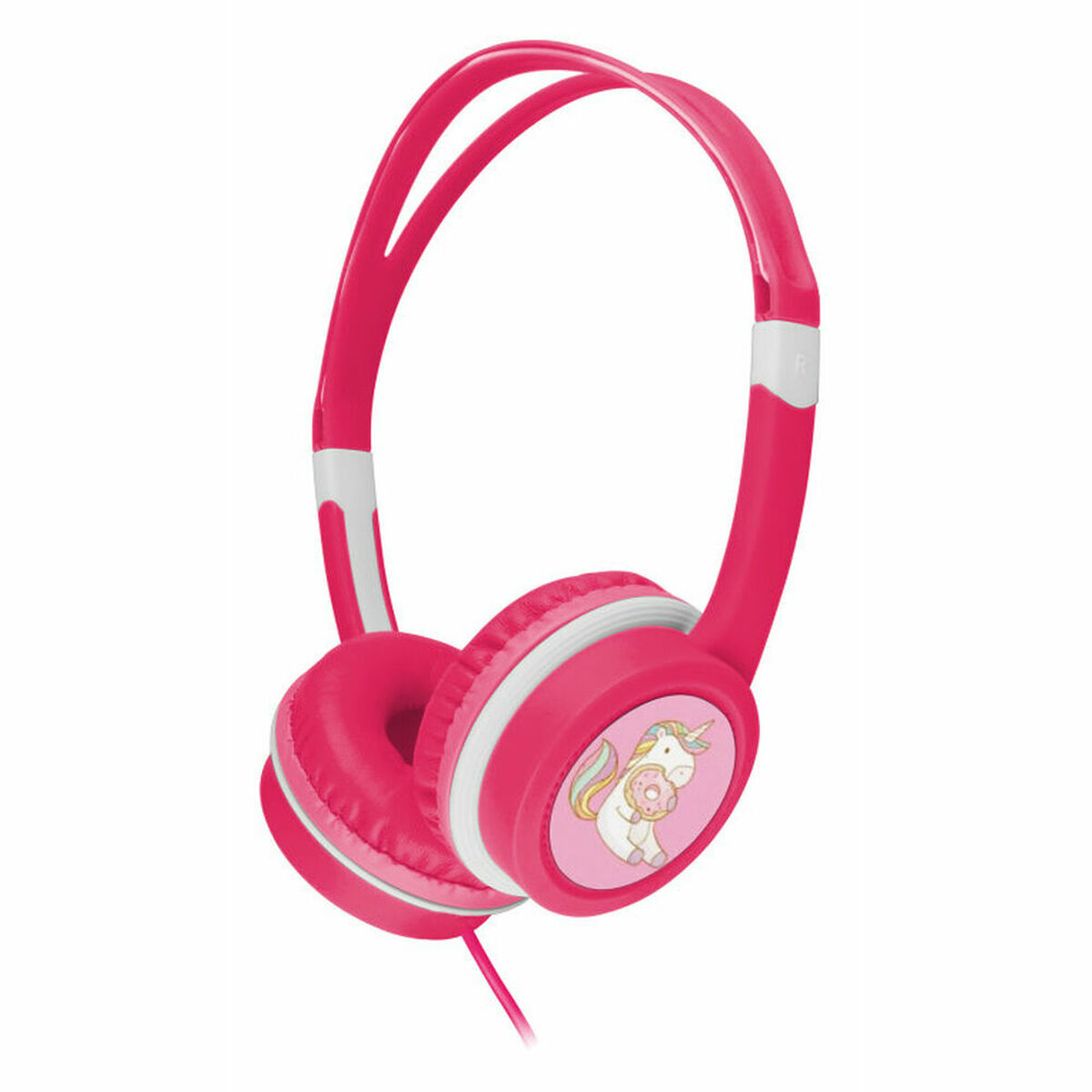 Pink headphones with a unicorn and donut design, on a white background.