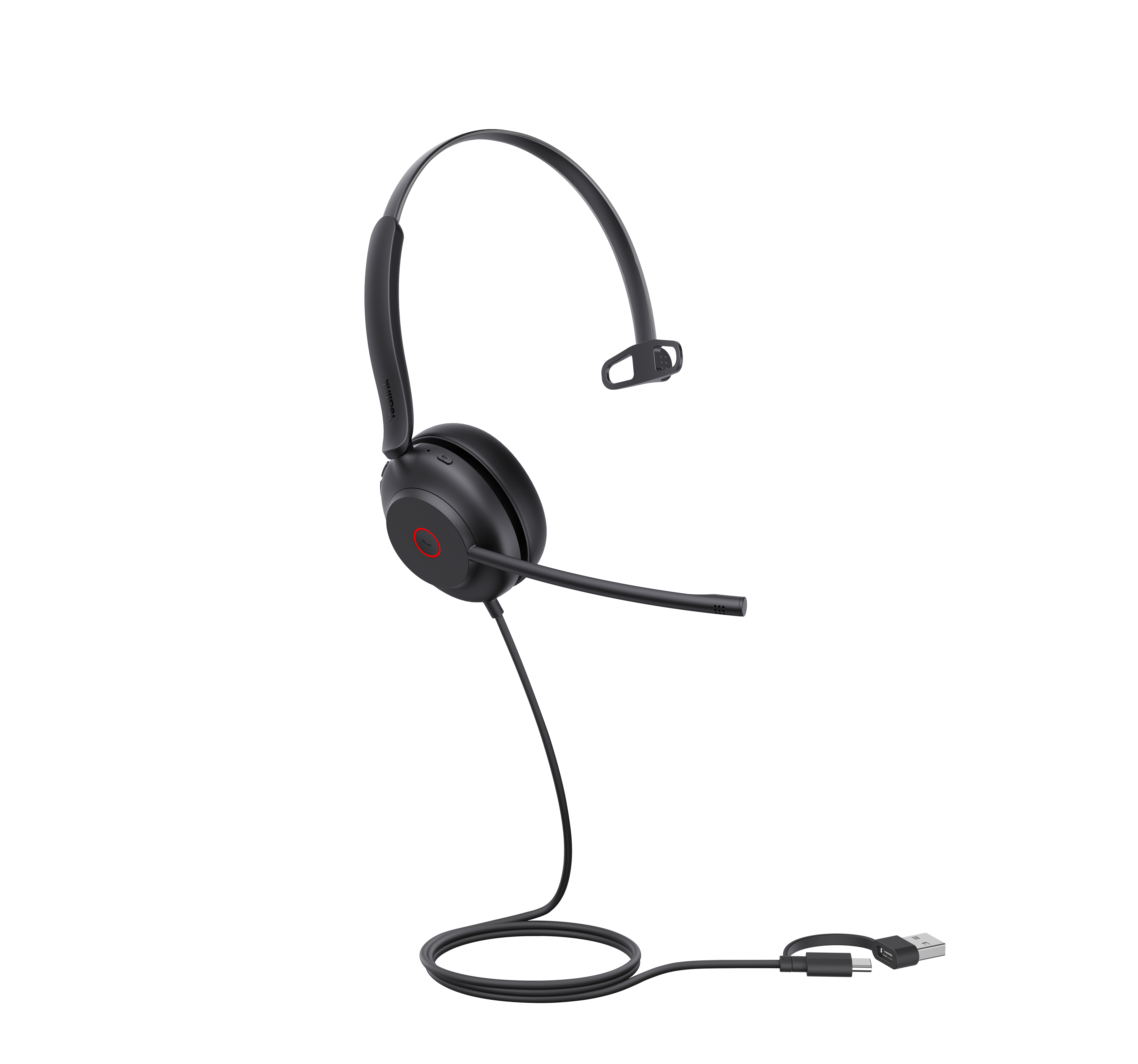 Cuffie Jabra nere con microfono e connettore USB-C. Isolato su bianco.