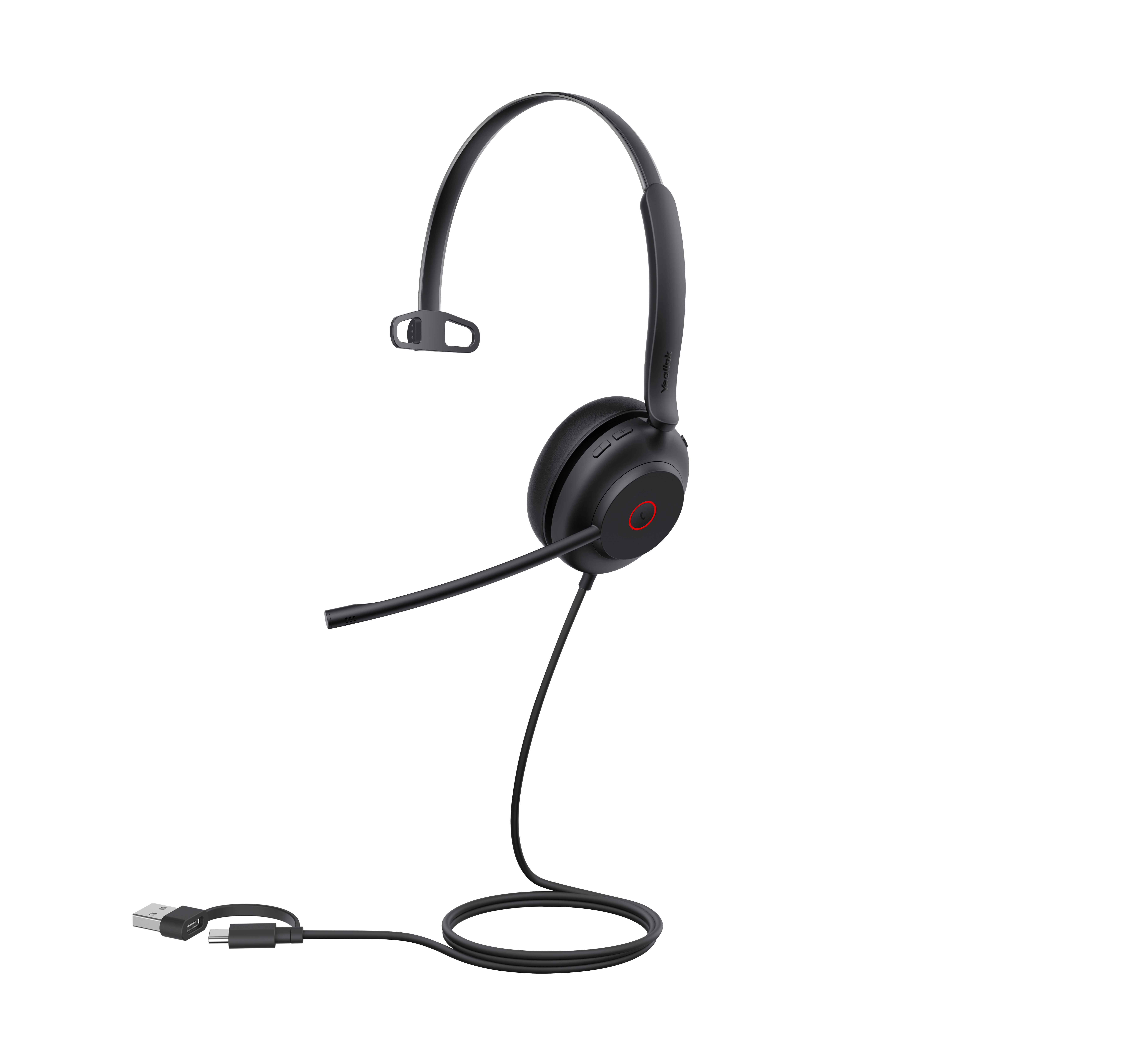 Cuffie nere con microfono a braccio e un auricolare. Un connettore USB e USB-C. Sfondo bianco.