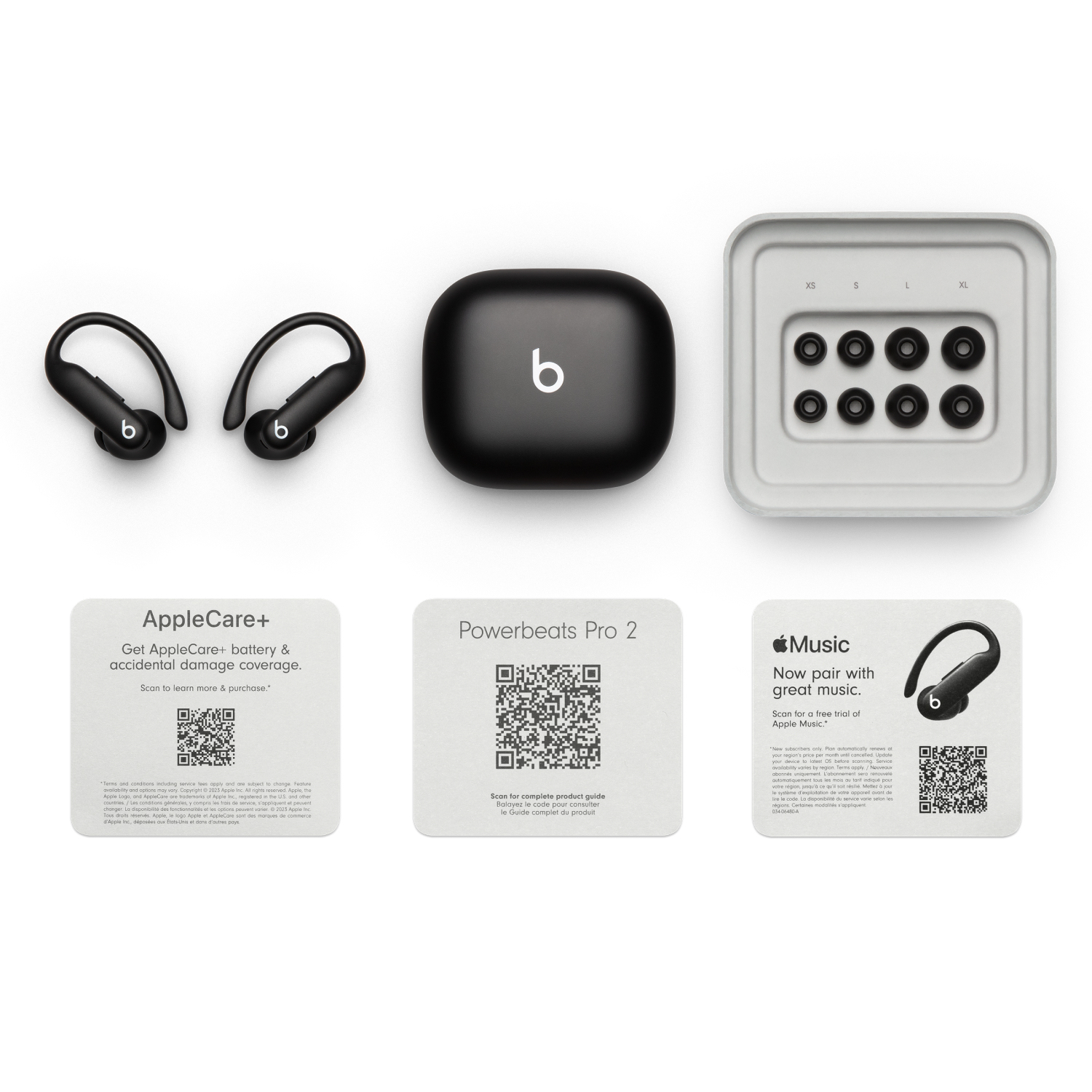 Słuchawki Powerbeats Pro 2, etui ładujące i akcesoria na białym tle.