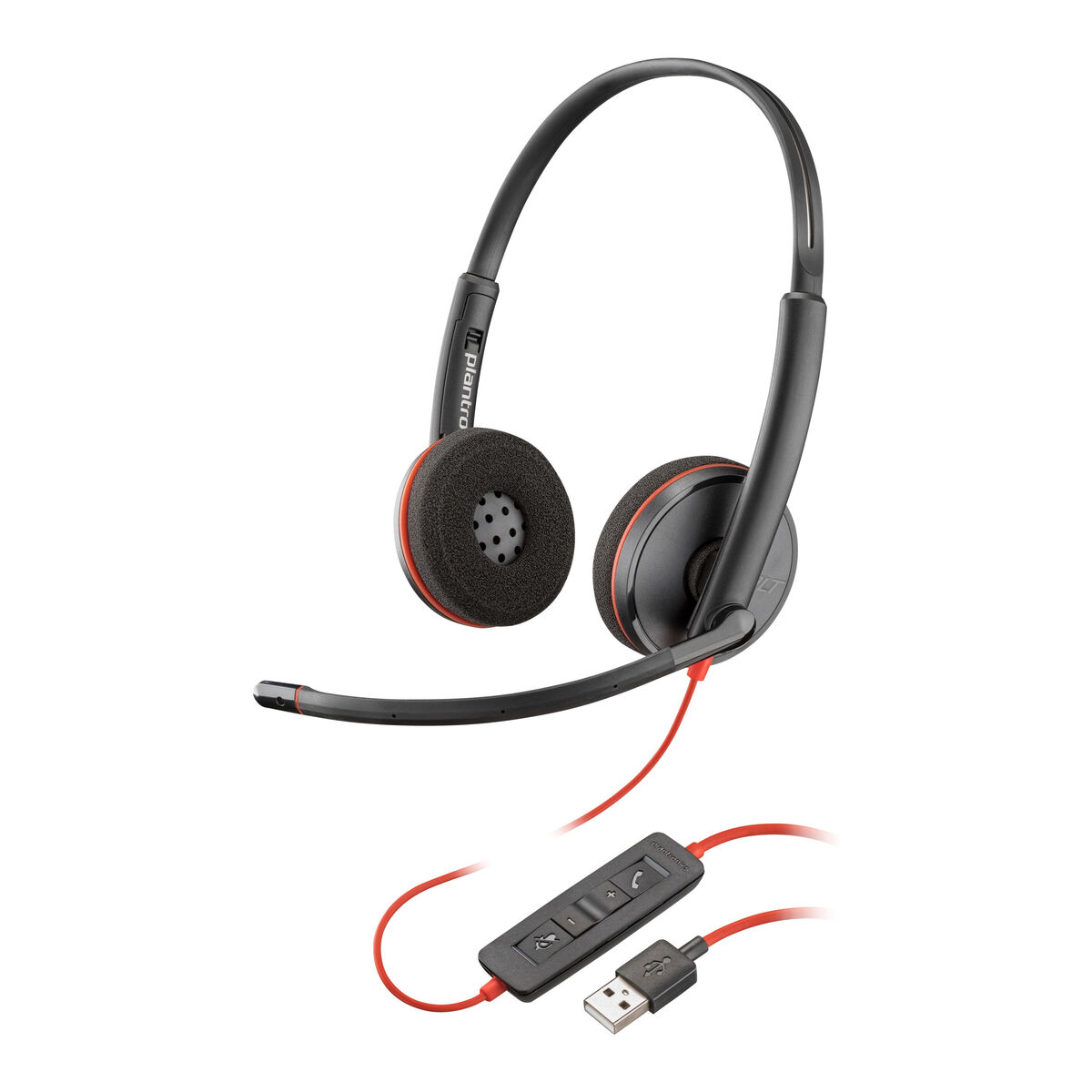 Cuffie Plantronics nere e rosse con connettore USB. Sfondo bianco.
