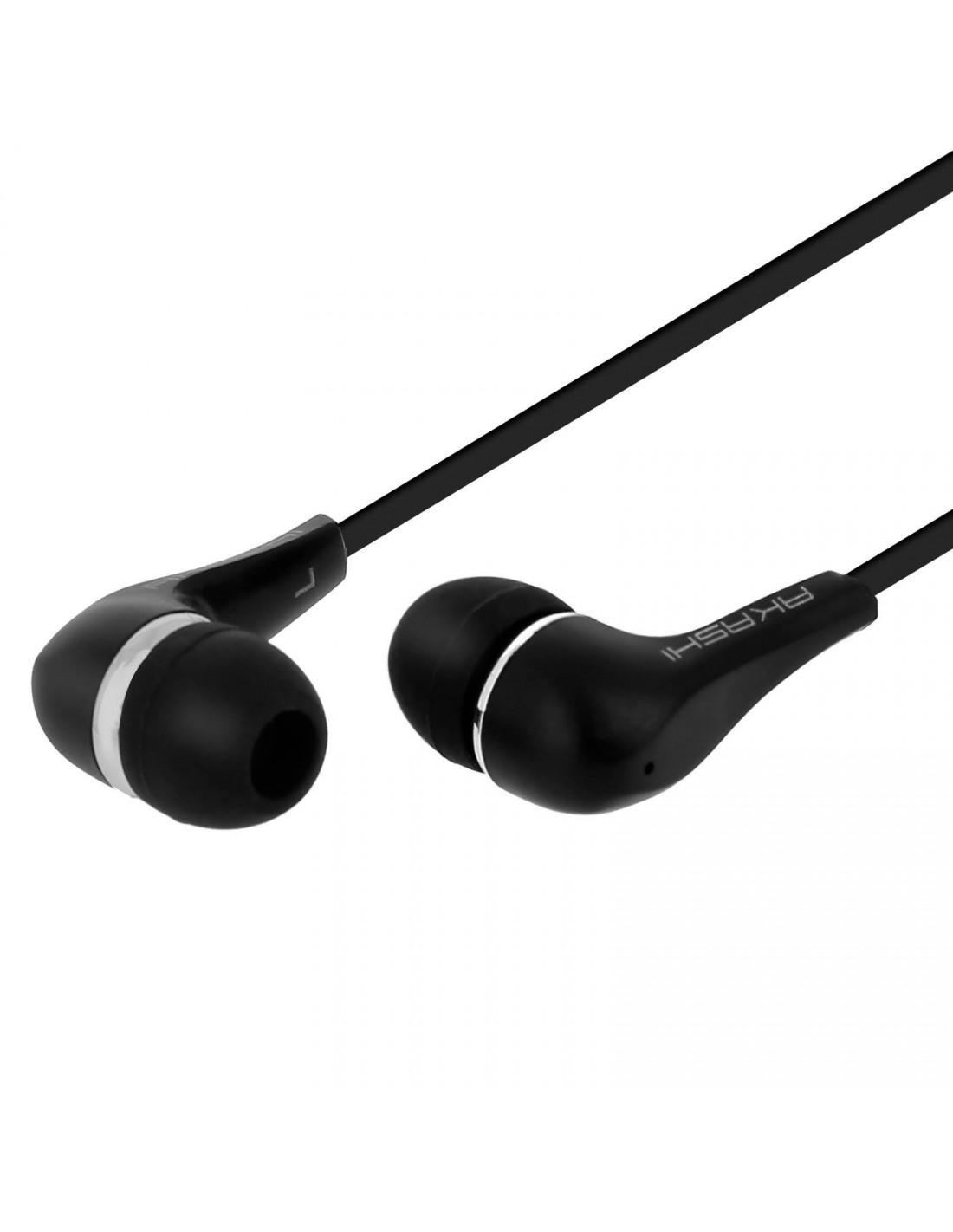 Zwarte in-ear koptelefoon met zilveren ring, zwarte kabel en het woord AKASHI.