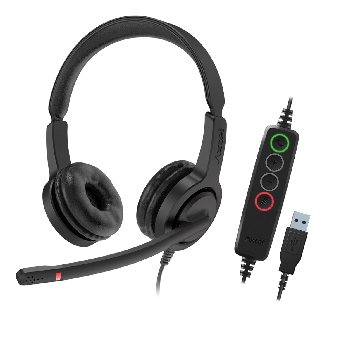 Cuffie Axtel nere. Include microfono, modulo di controllo e connettore USB. Sfondo bianco.