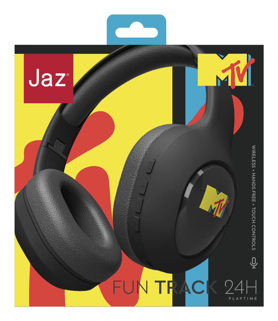 Cuffie Jaz MTV nere in una scatola con sfondo colorato, vista laterale. Fun Track 24H Playtime.