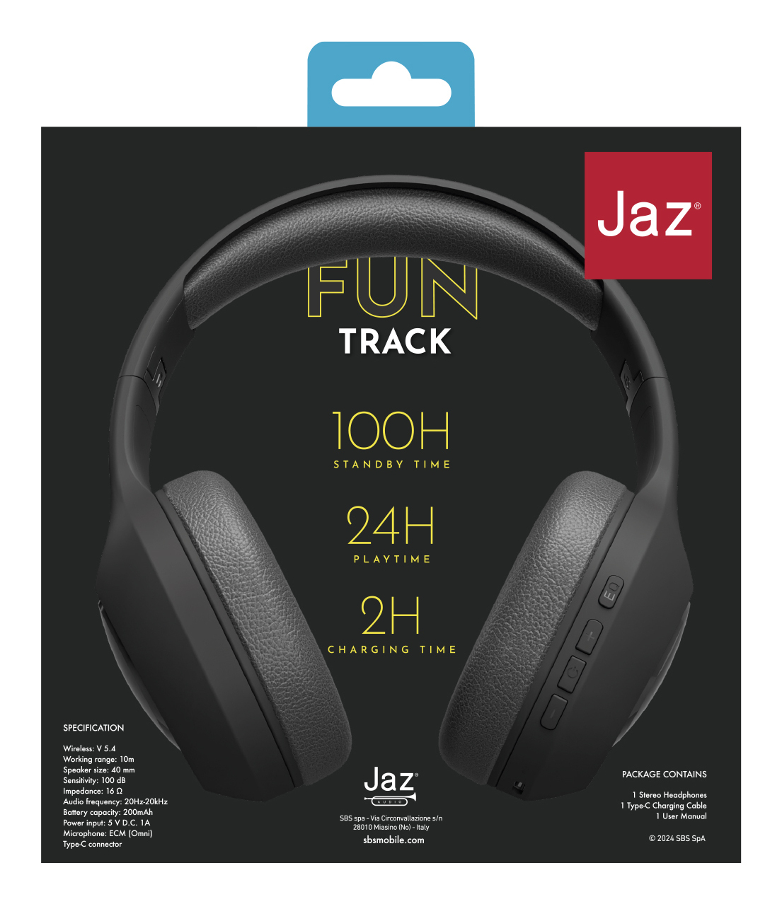 Cuffie over-ear nere con il logo Jaz sulla confezione. La confezione mostra funzionalità come il tempo di standby e il tempo di ricarica.