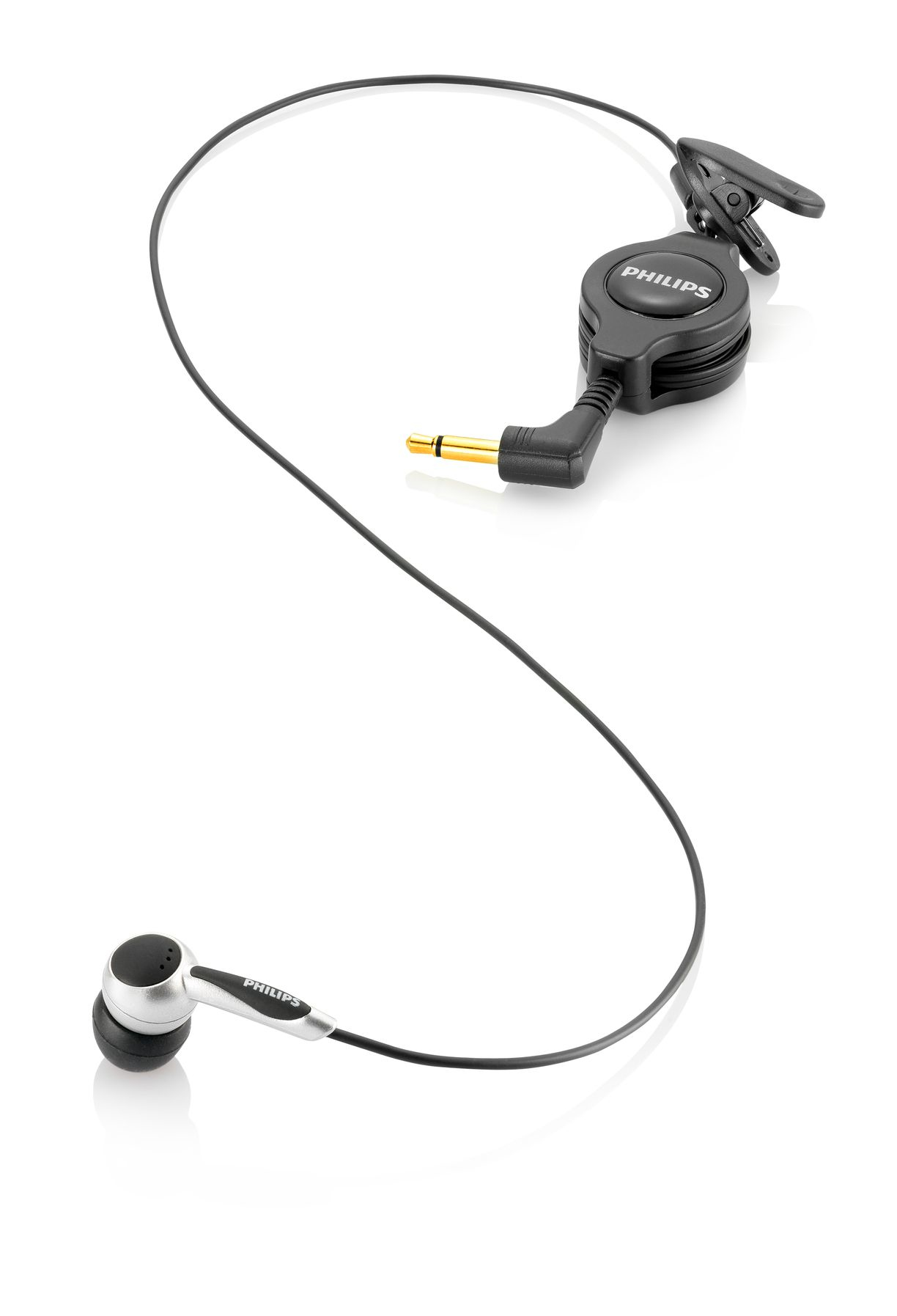 Auricolari con cavo nero e sistema di gestione cavi nero e argento.