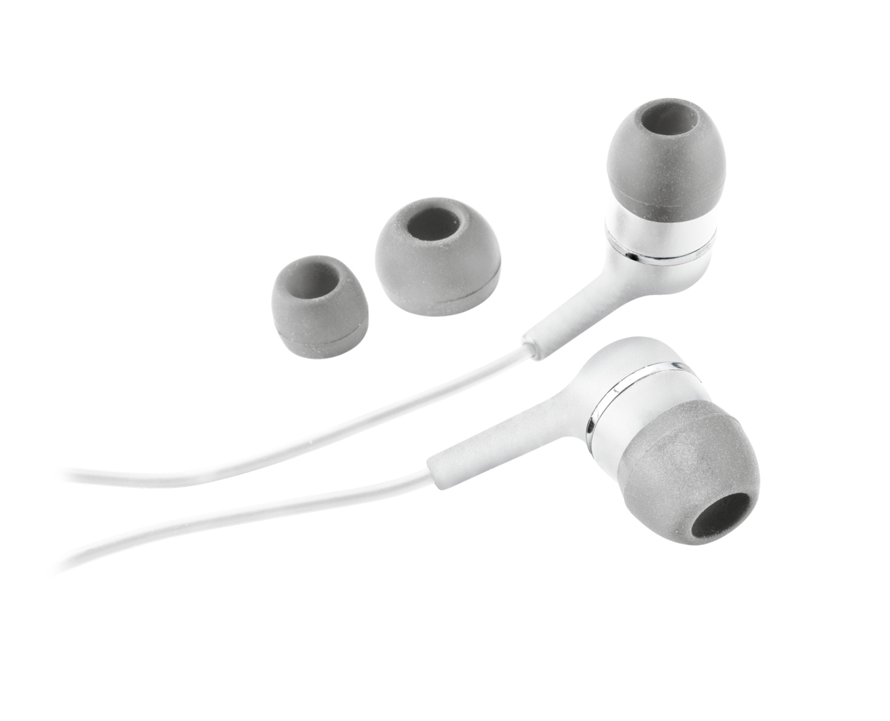 Auricolari bianchi con gommini grigi e due gommini di ricambio.