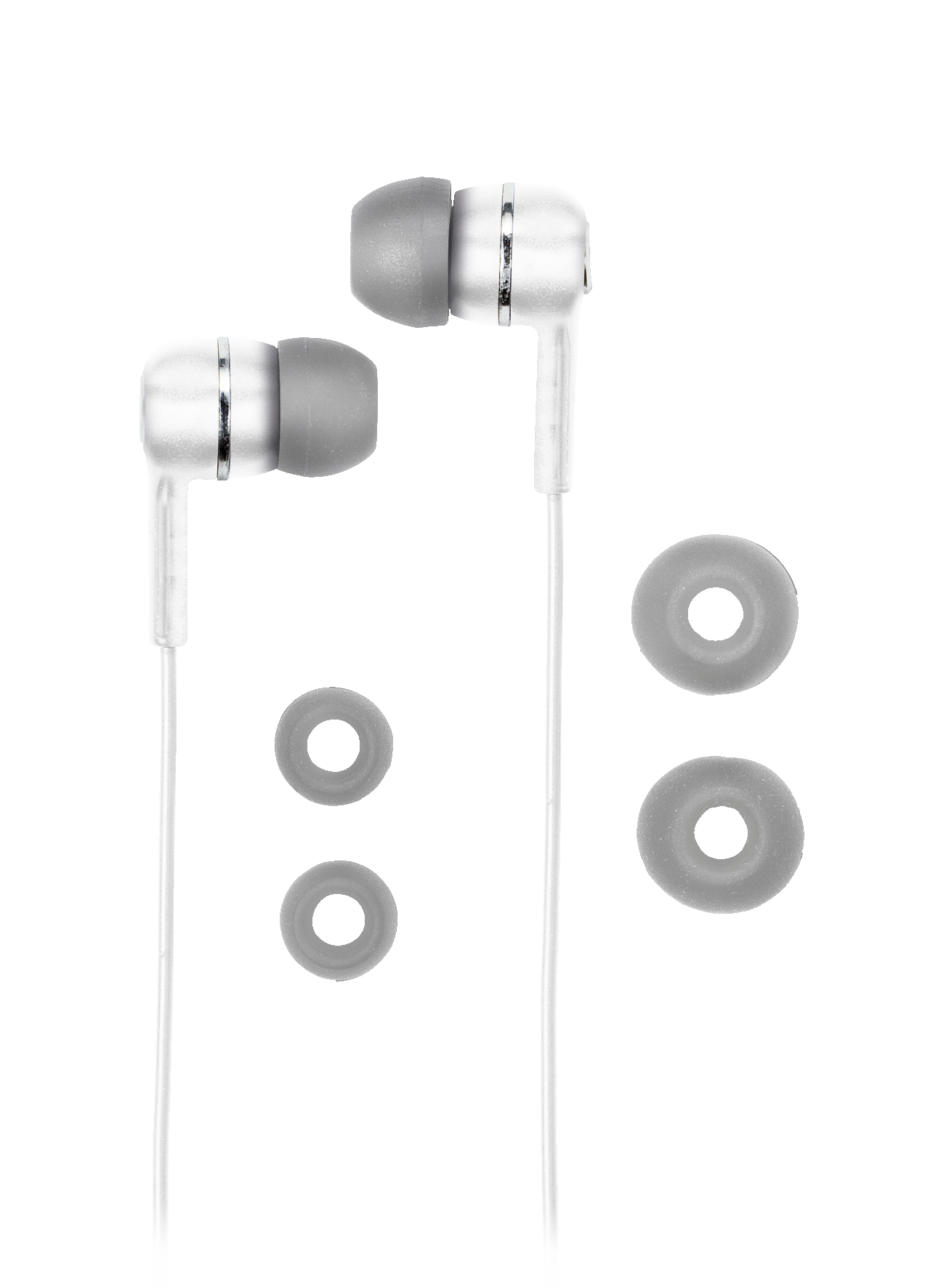 Auricolari bianchi con punte grigie e punte extra su sfondo bianco.