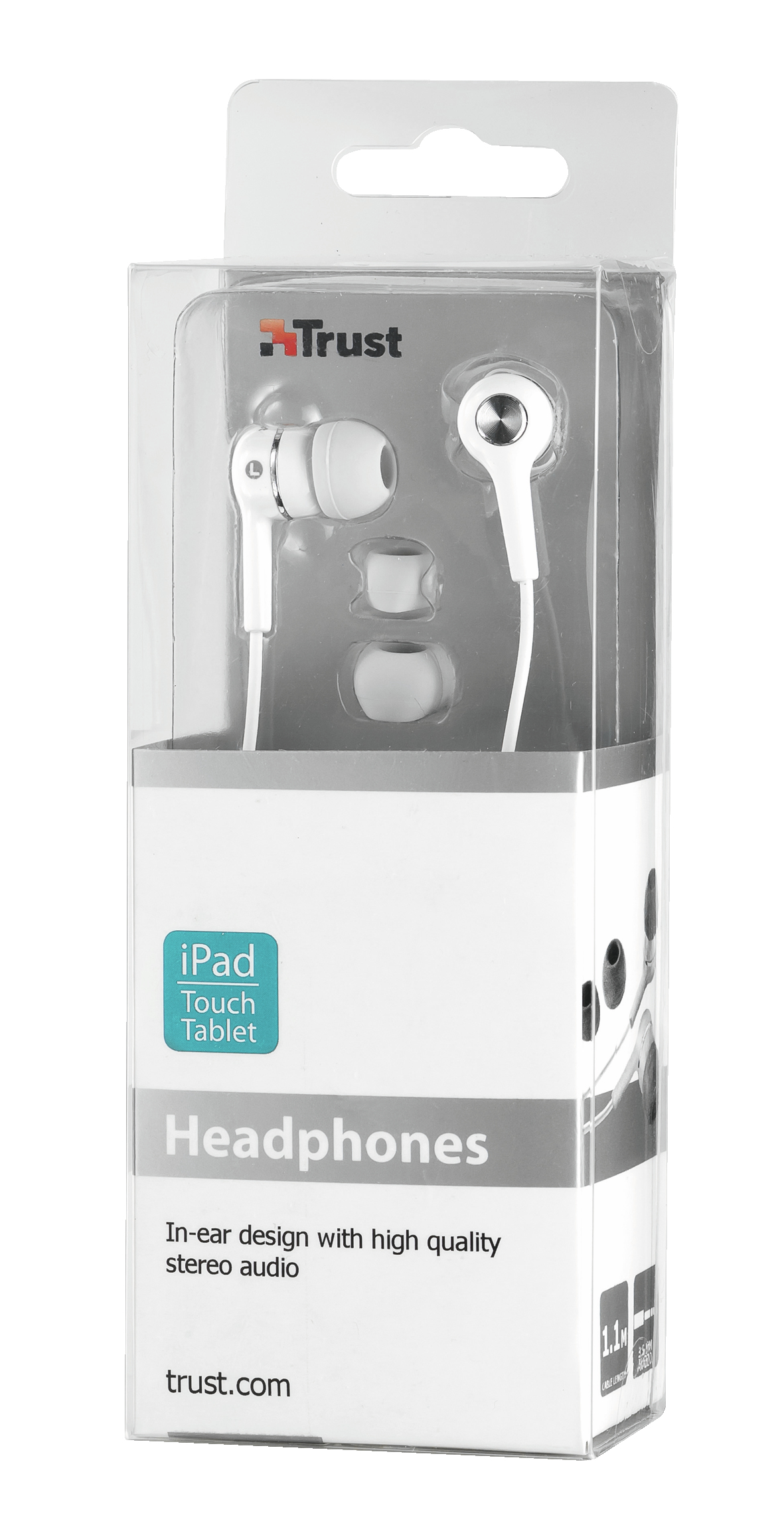 Auricolari Trust bianchi in confezione trasparente, con testo 'iPad Touch Tablet Headphones'.