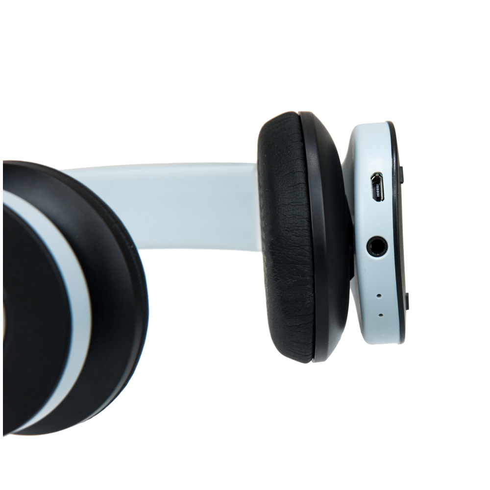 Un'auricolare bianco e nero, vista laterale, su sfondo bianco. Mostra la porta USB.