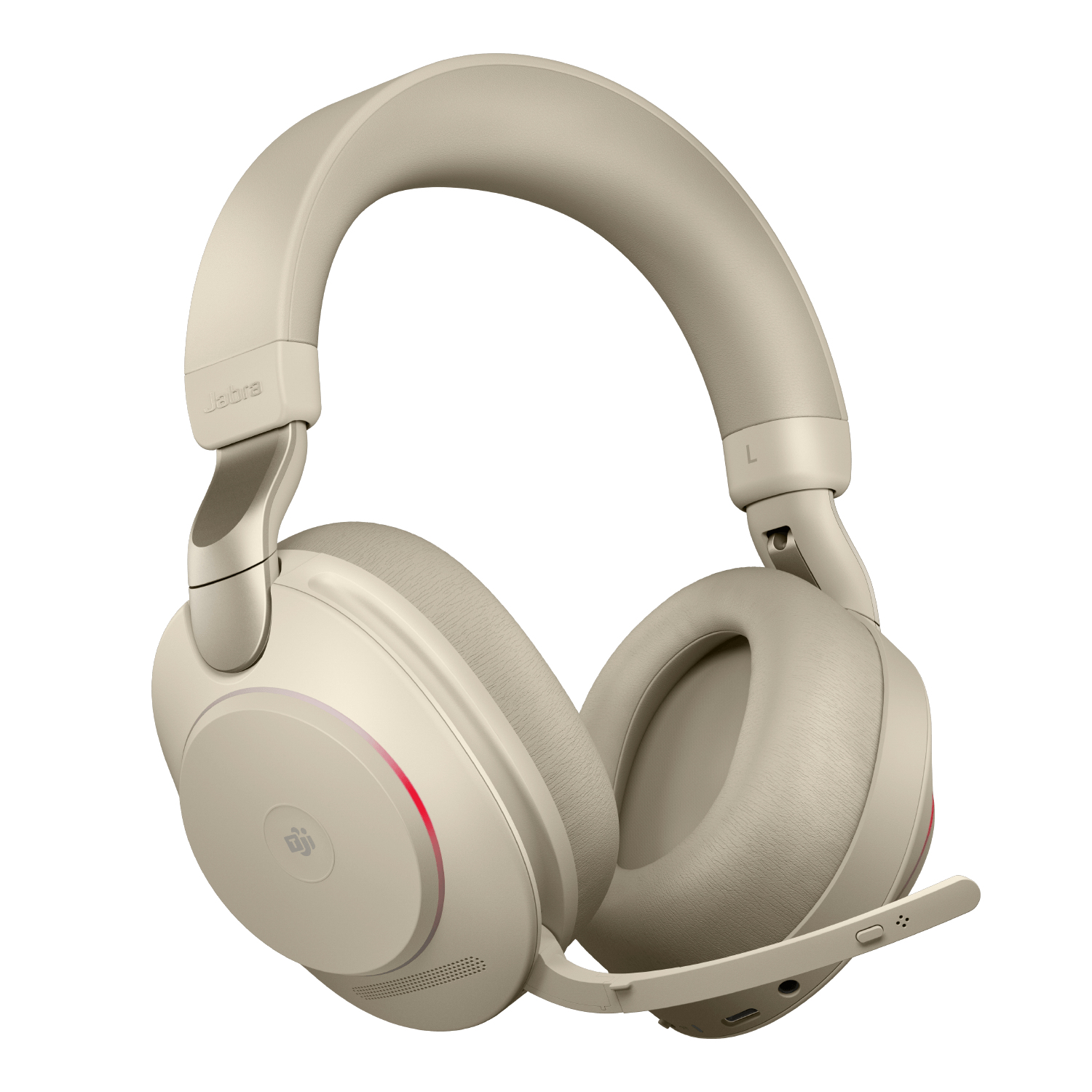 Cuffie beige con microfono. Le cuffie sono su sfondo bianco.