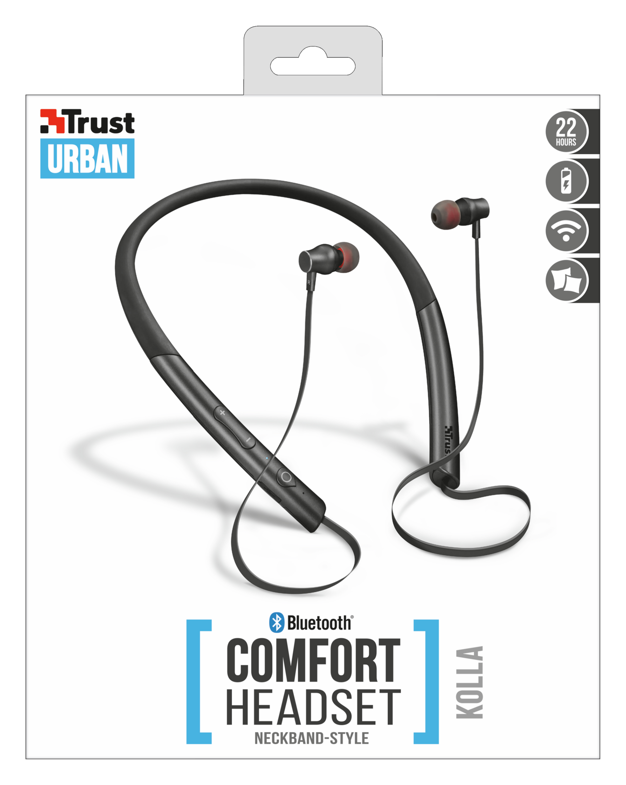 Czarny zestaw słuchawkowy na szyję w opakowaniu. Tekst: 'COMFORT HEADSET' i 'KOLLA'. Białe tło.