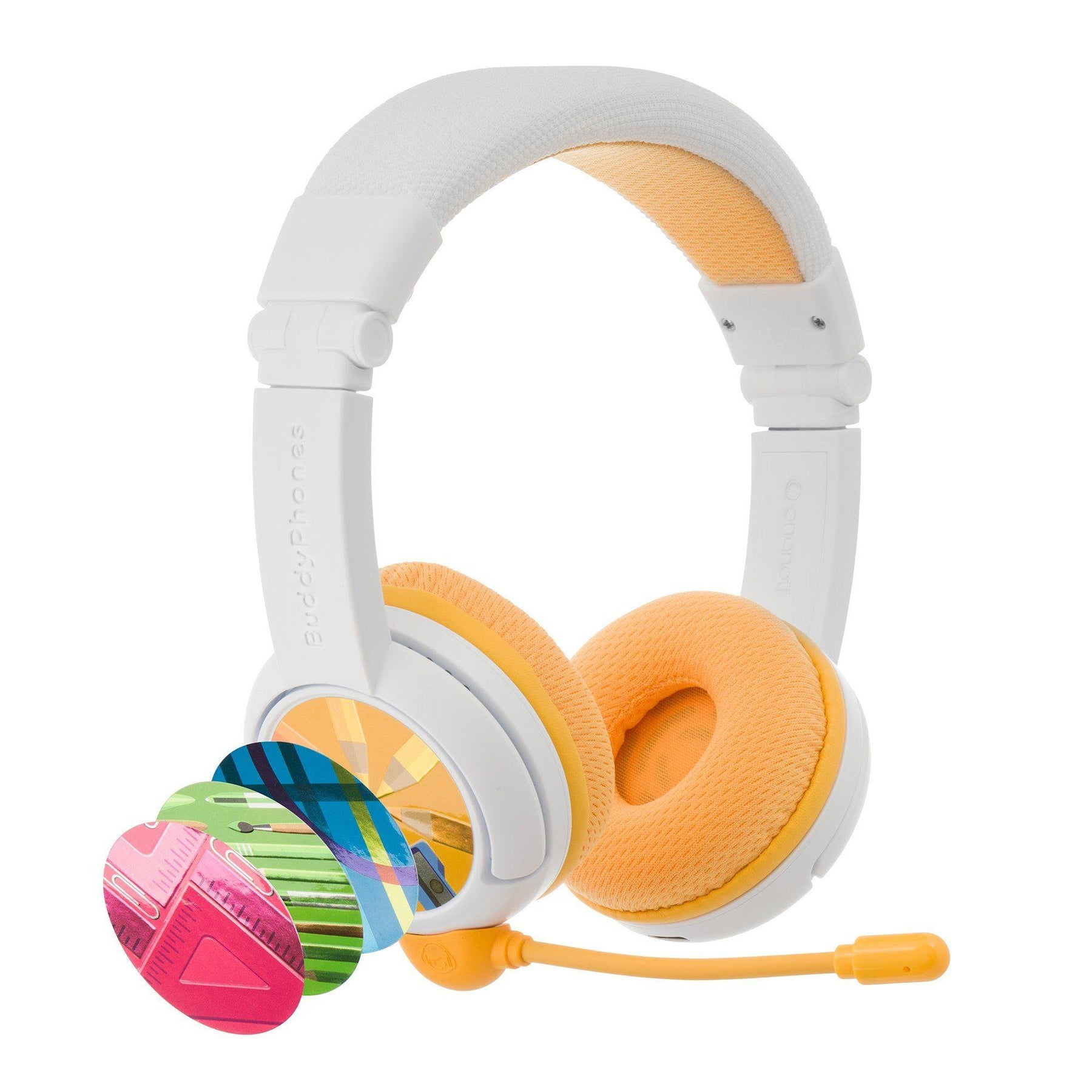 Cuffie bianche e arancioni con microfono, design colorato sui padiglioni.