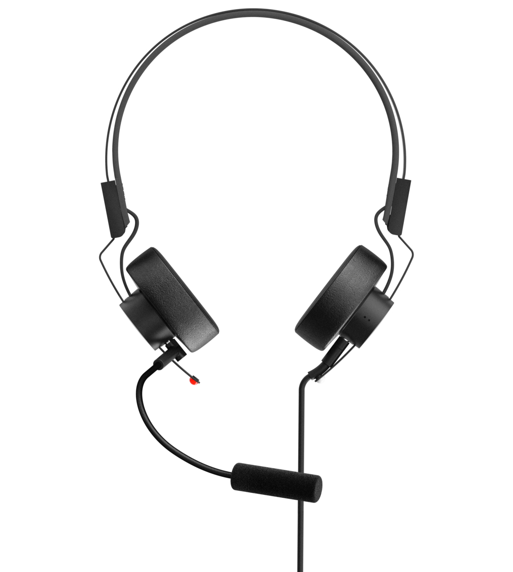 Cuffie on-ear nere. Padiglioni e fascia neri. Cavo nero con dettaglio rosso.