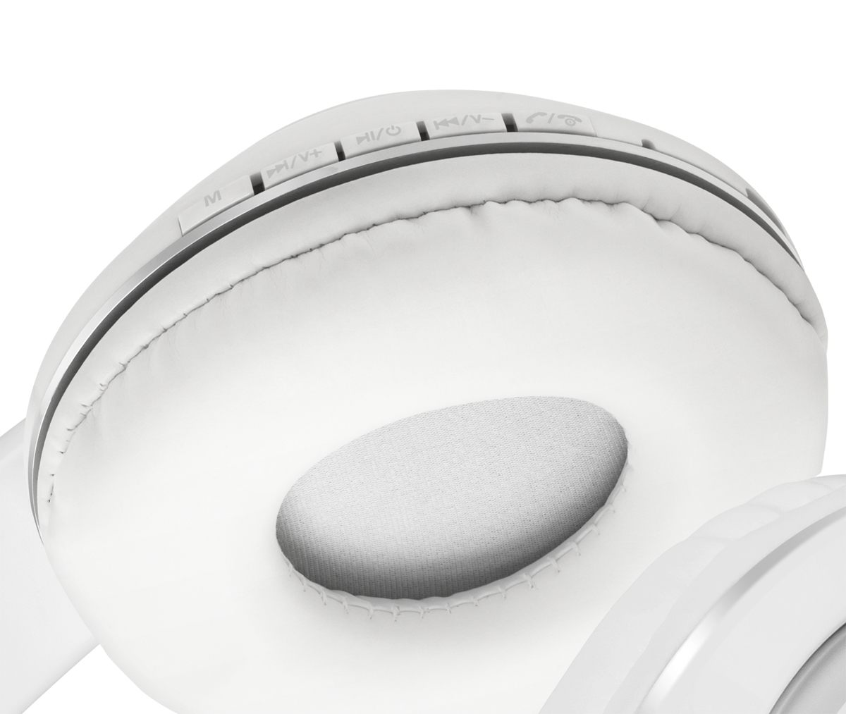 Białe słuchawki, widok z góry. Białe nauszniki z szarą wyściółką. Przyciski na górze.