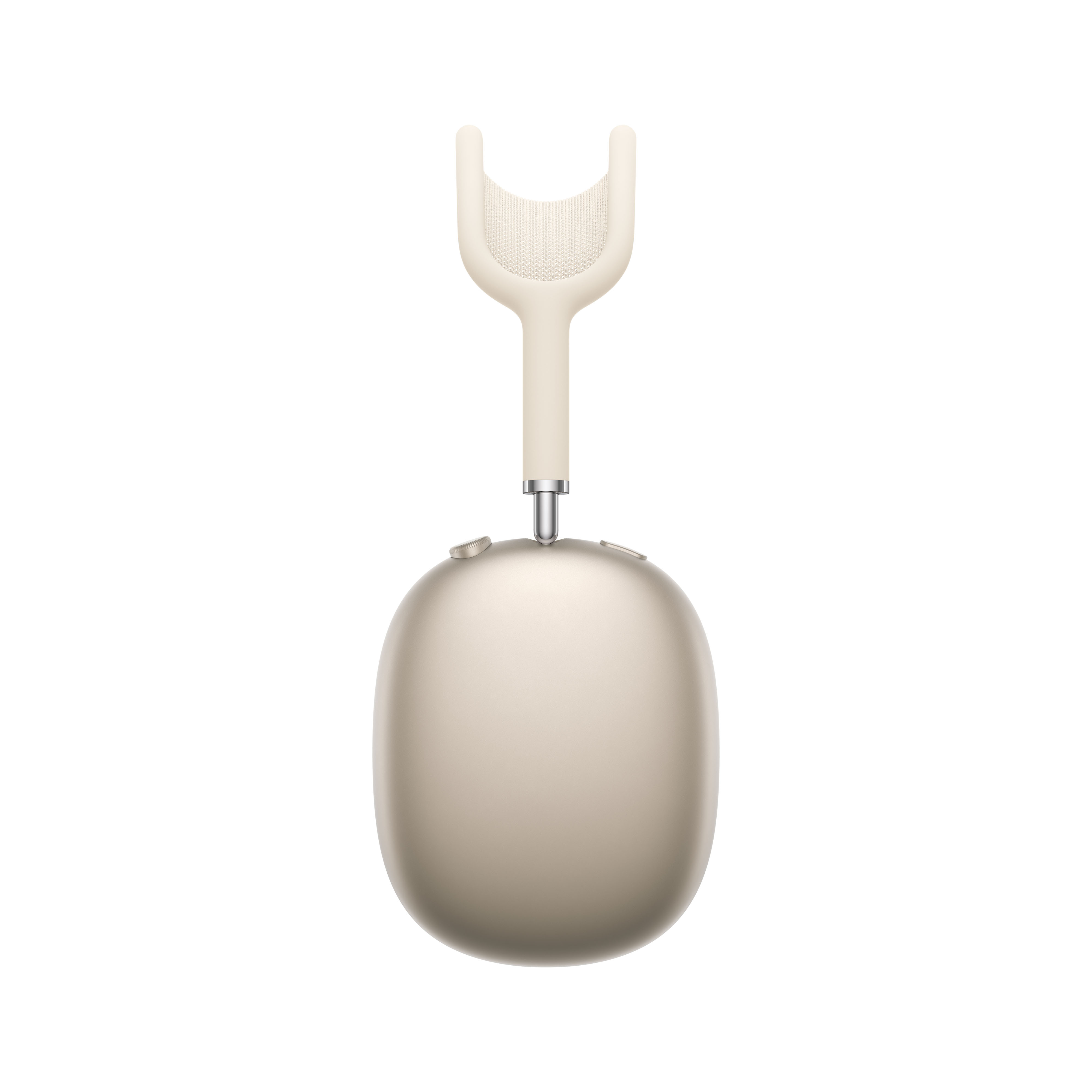 AirPods Max bianco sporco. Vista dall'alto. Isolati su bianco. Padiglioni e fascia color crema.
