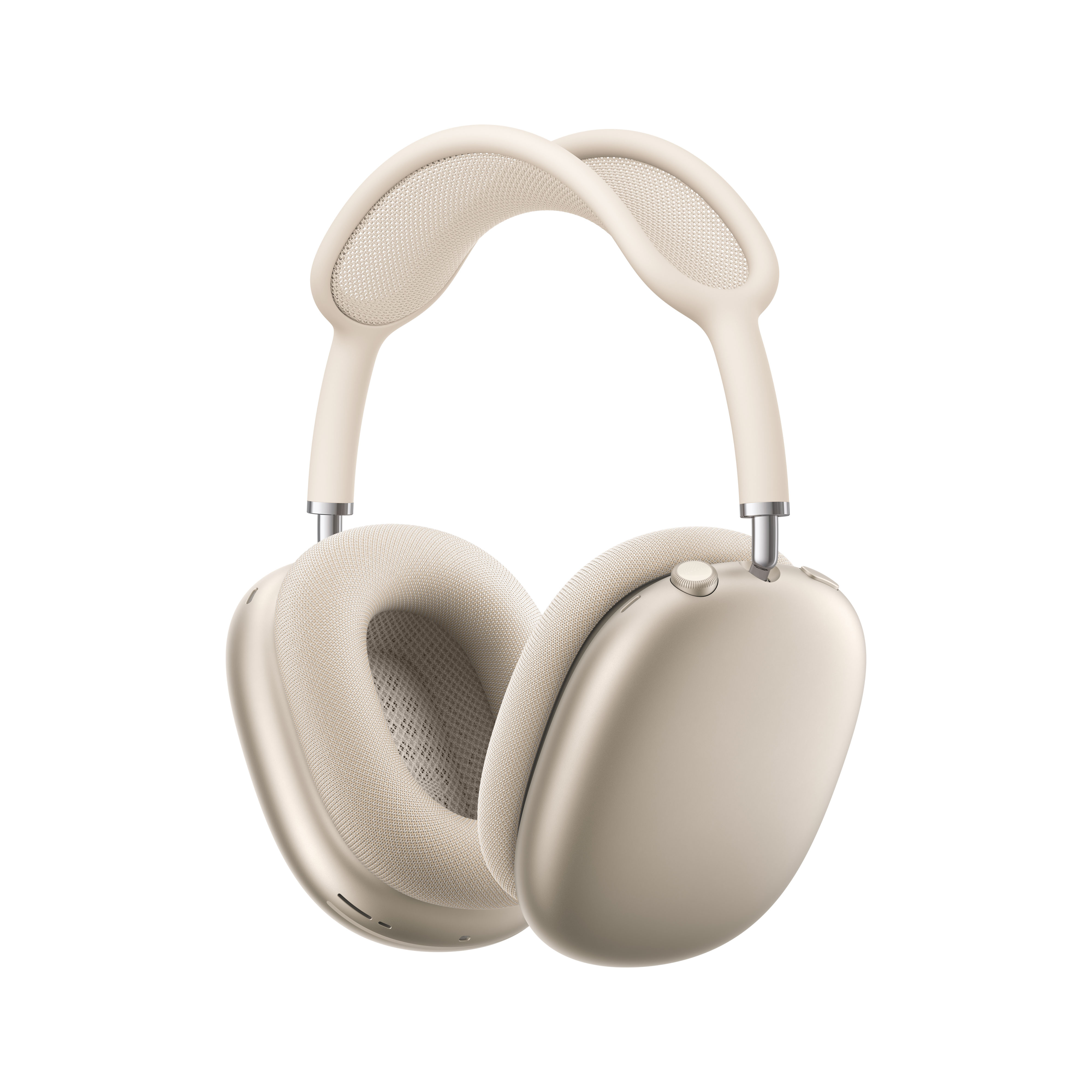 Cuffie Apple AirPods Max beige, leggermente angolate, su sfondo bianco. I padiglioni auricolari sono visibili.