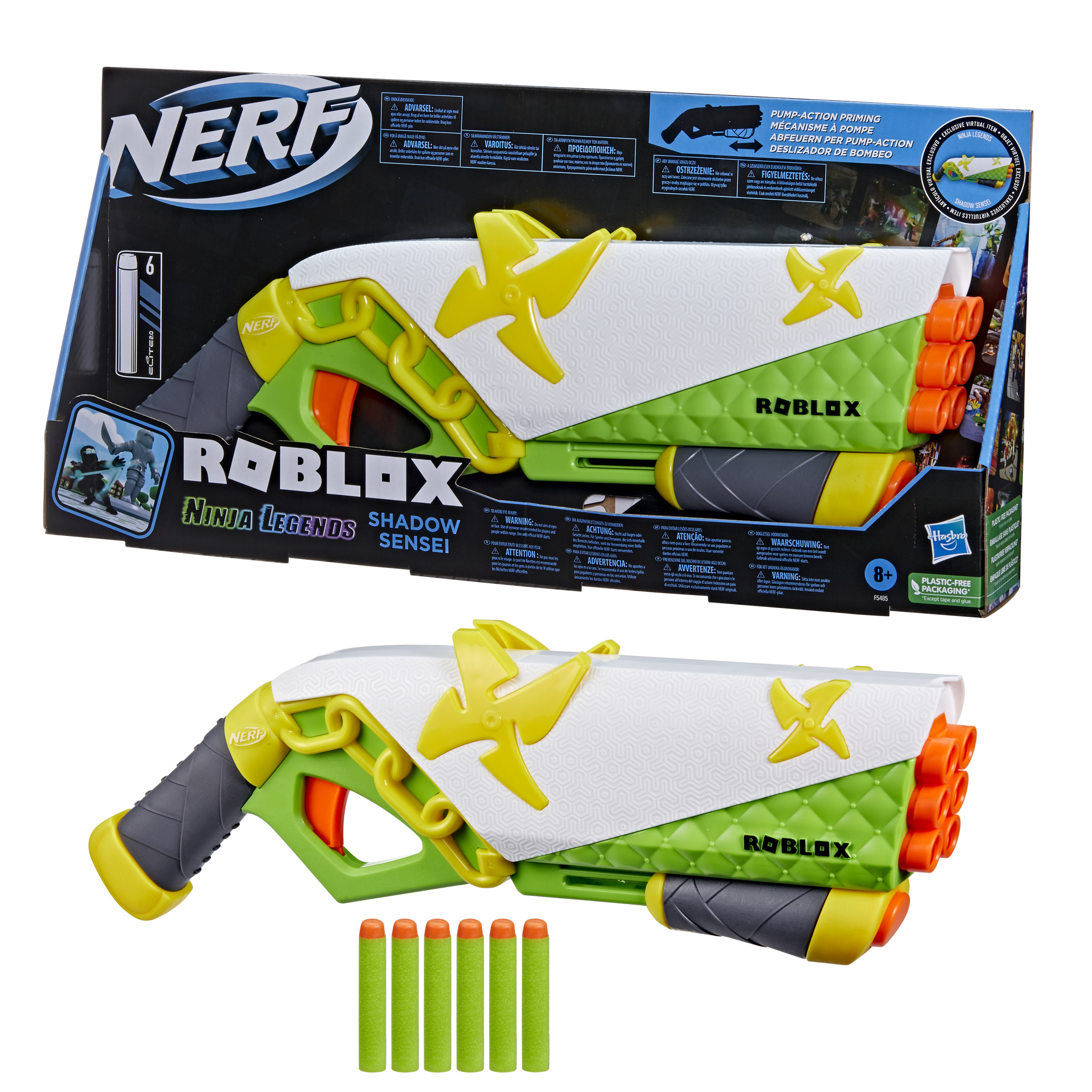 Una pistola Nerf Roblox con dettagli verdi e gialli e una scatola con il logo Roblox.